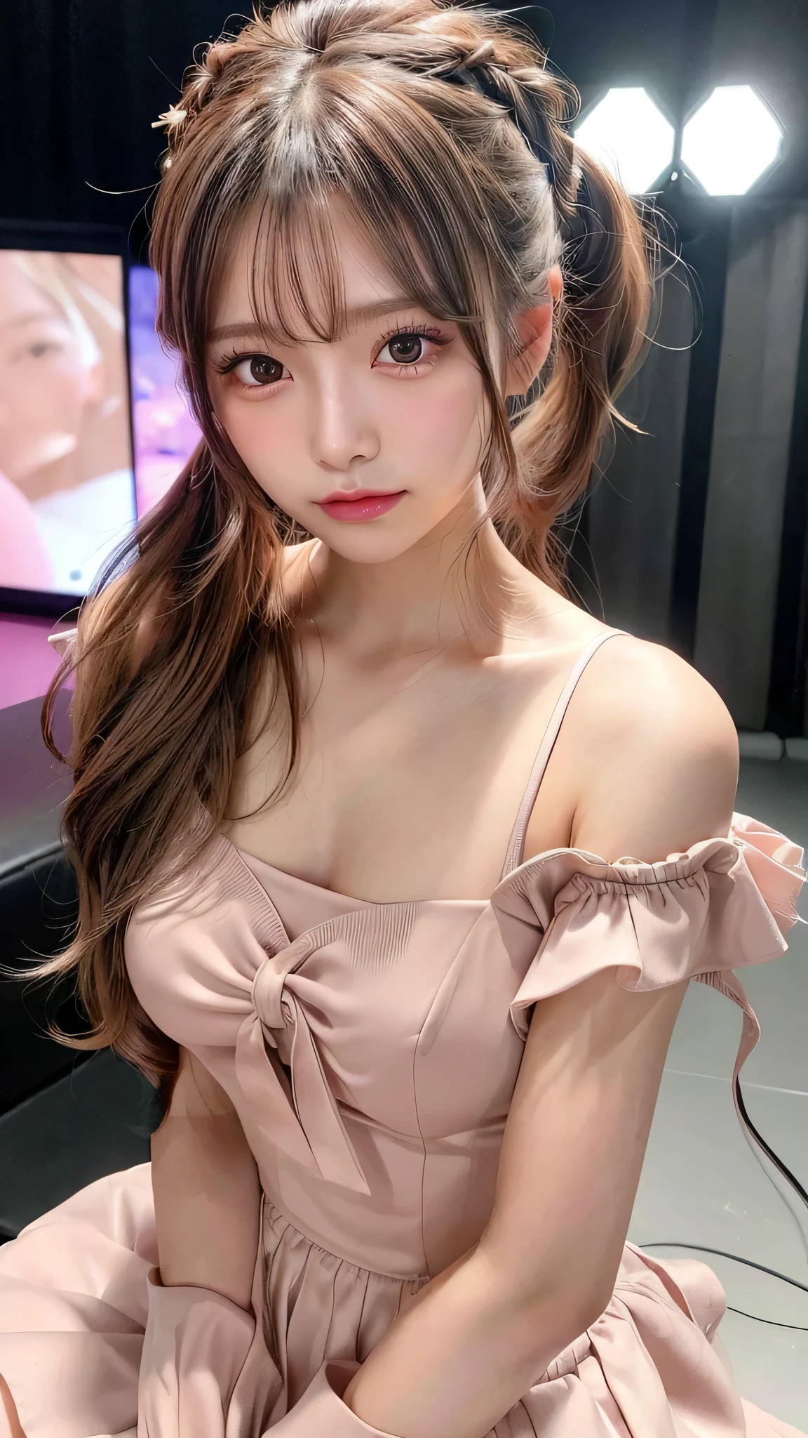 Close-up of face,Blushing,Facing forward,Close-up of face,Small breasts,,Long hair ponytail,concert,On stage,((8K, Raw photo, Best Quality, Mastepiece:1.2), (Realism, Photorealistic:1.4), (Highly detailed 8K wallpapers), Depth of written boundary, Cinematic Lighting, Soft Light, Detailed Beauty Eye,Shiny and smooth light brown ponytail, Asymmetrical bangs, Shiny skin, Ultra-detailed skins ,It is high resolution., High detail, Detailed hairstyle, Detailed facial beauty, Hyper-realistic, Perfect limbs, Perfect Anatomy ,1 Japanese girl,Famous Japanese Idols, Perfect female body,A shy smile,Short eyelashes,Double-edged eyelids,Look straight here,Hair style: ponytail、She is wearing a skirt with lots of frills,pose is random,Pink frilly dress,Close-up of face