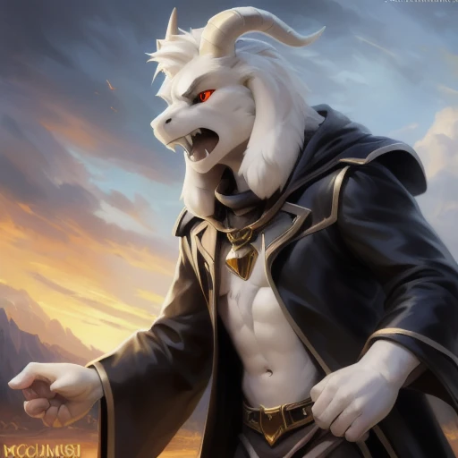 1boy,(( )), (fluffy), god of hyperdeath, ((by Michael & Inessa Garmash,Ruan Jia, Pino Daeni, chunie, darkgem)), ((asrielxdreemurr character)), black robe, horns, (best quality, ultra-detailed, best illustration, masterpiece, high res, professional artwork, famous artwork), realistic paint, red eyes, black fur, detailed realistic painting, male, (detailed white fur), asriel, portrait, detailed hands, shaded, four fingers, insane details, looking forward, (angry, open mouth, fangs), fight