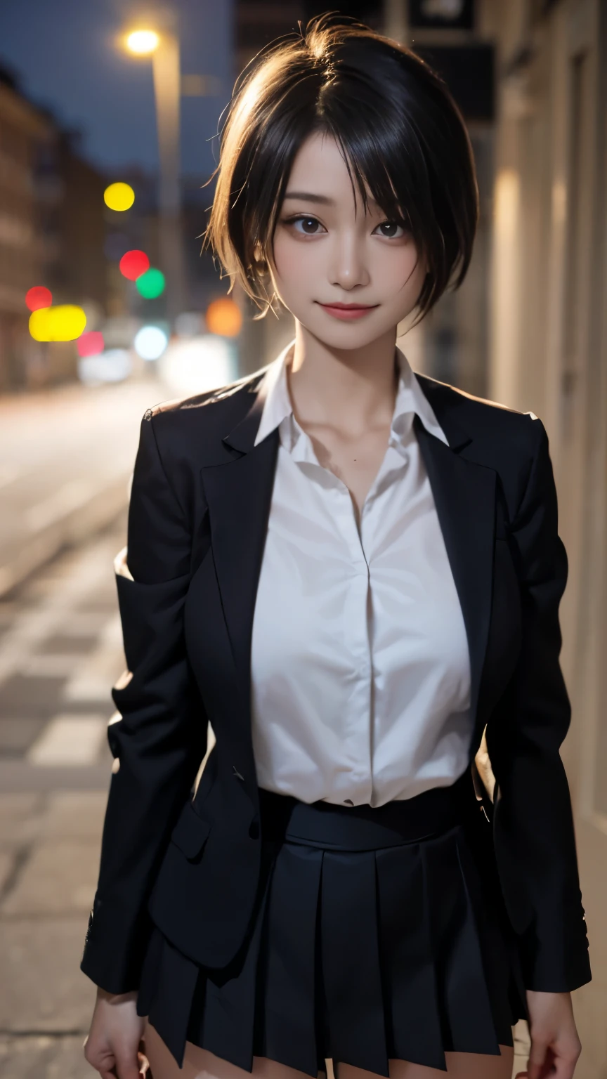 (masterpiece:1.2, highest quality), (Realistic, photoRealistic:1.4), Beautiful illustrations, (Natural Side Lighting, Cinema Lighting),
View your viewers, Cowboy Shot, Front view, 1 girl, high school girl, Perfect Face, Cute and symmetrical face, Shiny skin, (((Big Breasts))),
(short hair:1.2, Shortcuts:1.2, Black Hair), flowing bangs, Dark brown eyes, Long Eyelashes, (big breasts:0.6, Captivating thighs),
Beautiful Hair, Beautiful Face, Beautiful fine details, Beautiful clavicle, Beautiful body, Beautiful breasts, Beautiful thighs, Beautiful feet, Beautiful fingers,
(((Black blazer, Close Blazer), White collared shirt with long sleeves, Black pleated skirt, Black socks)),
(Beautiful views), Downtown at night, street, Are standing, (Cute smile, Upward glance),