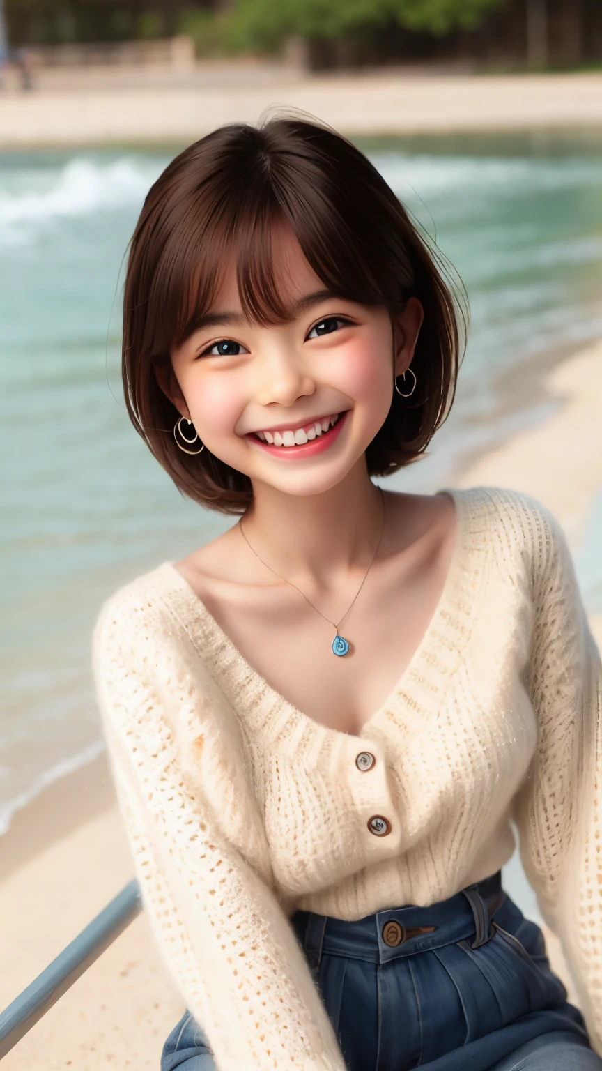 (cute face,brown eye: 1.3), (detailed face: 1.3), extra short hair, sidelocks-hair, smiling face, earrings, necklace, 1 girl, alone, blue sky, sea, short skirt, (Very detailed background: 1.0), (Very detailed background: 1.0)