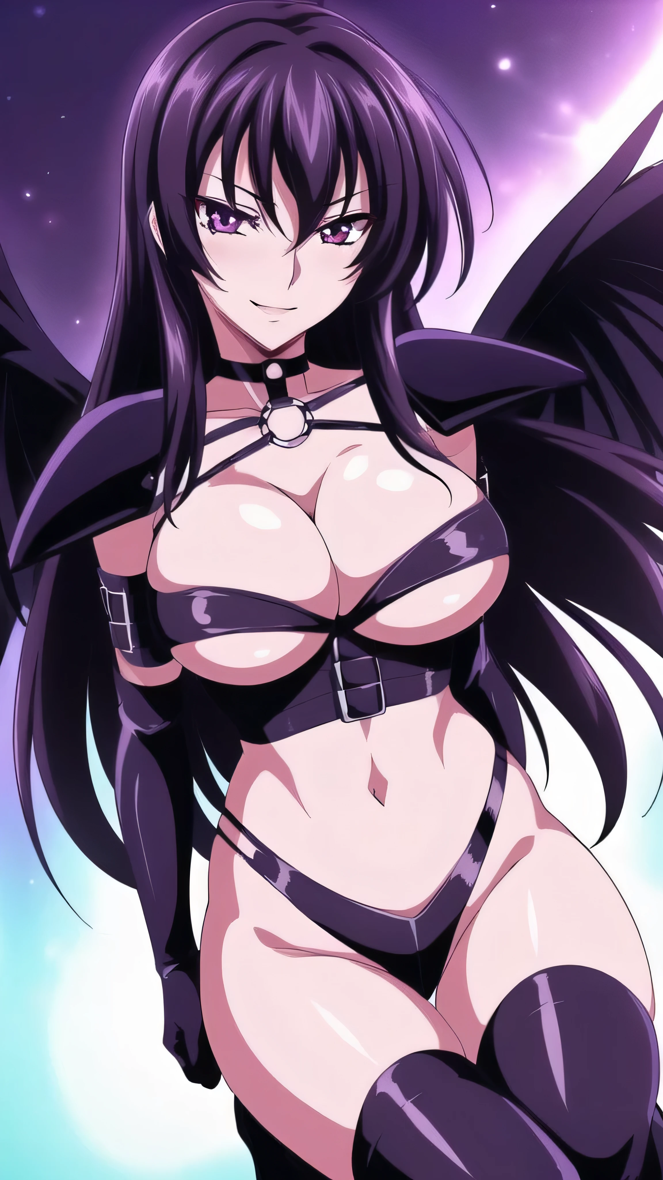 (night:1.7), , , collarbone,choker,black outfit,belly button, Torn_Clothes, Torn_leg wear,Lock,collar, shoulder armor, High leg,boots,Thighhighs, purple_eye,,black_hair,very_length_hair,elbow_gloves, 1 girl, 20 years,mature woman,beautiful Finger,beautiful length legs,beautiful body,beautiful Nose,beautiful character design, perfect eye, perfect face, looking at the viewer, (innocent_big_eye:1.0),laugh at,evil_smile,evil_face,smirk,view,, collarbone,choker,black outfit,belly button, Torn_Clothes, Torn_leg wear,Lock,collar, shoulder armor, High leg,boots,Thighhighs, purple_eye,,black_hair,very_length_hair,elbow_gloves, 1 girl, 20 years,mature woman,beautiful Finger,beautiful length legs,beautiful body,beautiful Nose,beautiful character design, perfect eye, perfect face, looking at the viewer, (innocent_big_eye:1.0),, NSFW,official art,Highly detailed CG Unity 8K wallpaper, perfect lighting,colorful, bright_front_face_lit, (masterpiece:1.0),(Highest_quality:1.0), 超High resolution,4k,Super detailed, photo shoot, 8K, HDR, High resolution, disorganized:1.2, kodak portrait 400, film grain, blurred background, Bokeh:1.2, Lens flare, (lively_color:1.2) (beautiful,big_chest:1.4), (beautiful_face:1.5),(narrow_waist)NSFW,official art,Highly detailed CG Unity 8K wallpaper, perfect lighting,colorful, bright_front_face_lit, (masterpiece:1.0),(Highest_quality:1.0), 超High resolution,4k,Super detailed, photo shoot, 8K, HDR, High resolution, disorganized:1.2, kodak portrait 400, film grain, blurred background, Bokeh:1.2, Lens flare, (lively_color:1.2) (beautiful,big_chest:1.4), (beautiful_face:1.5),(narrow_waist),solo,naughty face,crossed legs,(evil smile:1.3)