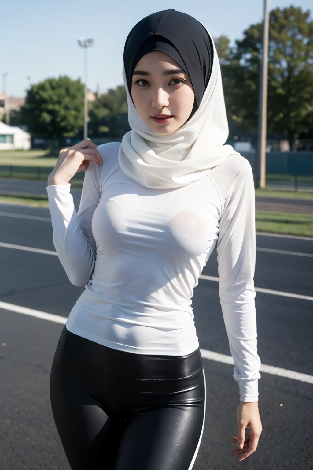 ((Best quality)), ((Masterpiece)): 1.7, Detailed Pictures of Beautiful Hijabi Girl, Wearing a Drenched Long Sleeve Sport Shirt and Leggings, Sopping Wet with Her Own Sweat, The Beautiful Hijabi Girl Standing Gracefully with Her Stunning Hourglass Athletic Slim Body Figures on the Sport Ground, Masterpiece, Detailed, Realistic, 1girl, Athletic, Drenched, Hourglass Figure, Sweat, Sport Ground, Beautiful Hijabi Girl, Detailed Clothes, Wet Shirt, Leggings, Transparent in Places, Showing Skin, Perfect