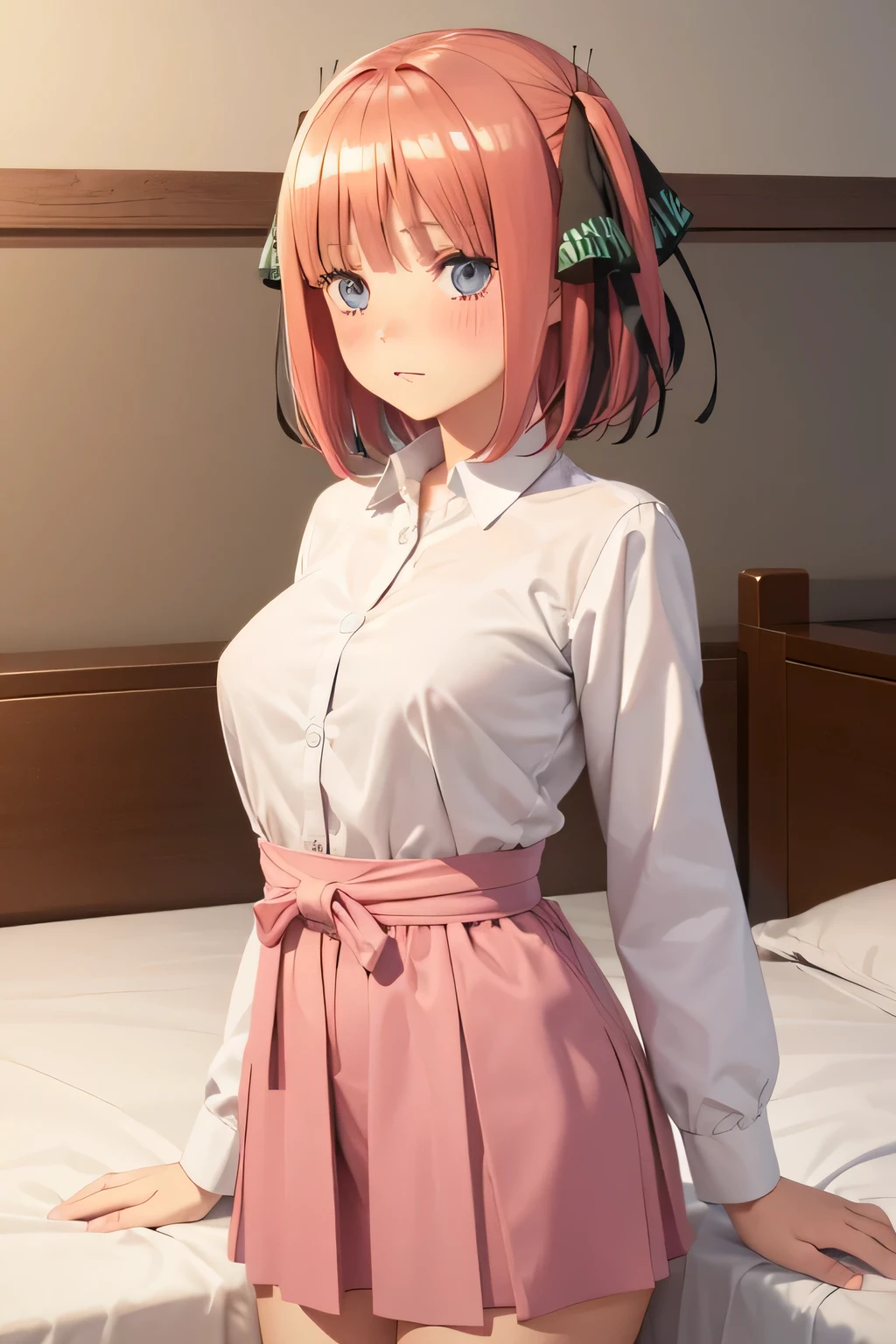 Mastepiece、masterpiece、highest quality、Super detailed、High resolution、8K Portrait、High definition CG of Unity 8k wallpaper、Cute little:1.5、:1.5、Highly detailed CG Unity 8k wallpaper、Realistic、Real person、 Portrait Photography、Shiny skin、High definition、(16 y)、(1 girl)、Beautiful clear eyes、extremely detailed description、Delicate face、Nice lips、Slim body、(thin waist)、Thin legs、(bed room:1.6)、1 Girl, Cute, Perfect Face, seriously, (blush:1.5),(Pink hair bob:1.3),(hair ornaments),(big breasts:1.3)iform:1.3),((skirt lift:1.5)),(looking at view),(from front:1.2),(disapproval face:1.5),nsfw,(take off panty:1.5)