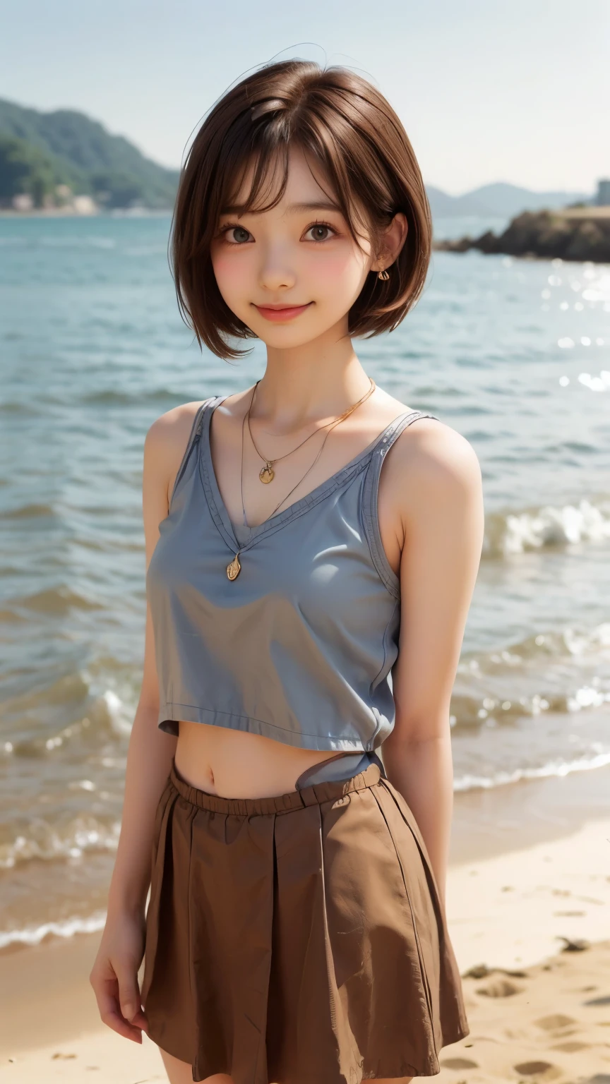 (cute face,brown eye: 1.3), (detailed face: 1.3), extra short hair, sidelocks-hair, smiling face, earrings, necklace, 1 girl, alone, blue sky, sea, short skirt, (Very detailed background: 1.0), (Very detailed background: 1.0)