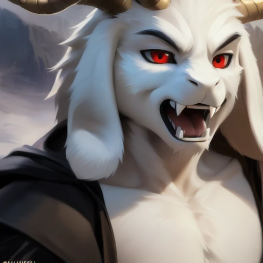 1boy,(( )), (fluffy), god of hyperdeath, ((by chunie, darkgem)), ((asrielxdreemurr character)), black robe, horns, (best quality, ultra-detailed, best illustration, masterpiece, high res, professional artwork, famous artwork), realistic paint, red eyes, black fur, detailed realistic painting, male, (detailed white fur), asriel, portrait, detailed hands, shaded, four fingers, insane details, looking forward, (angry, open mouth, fangs), fight