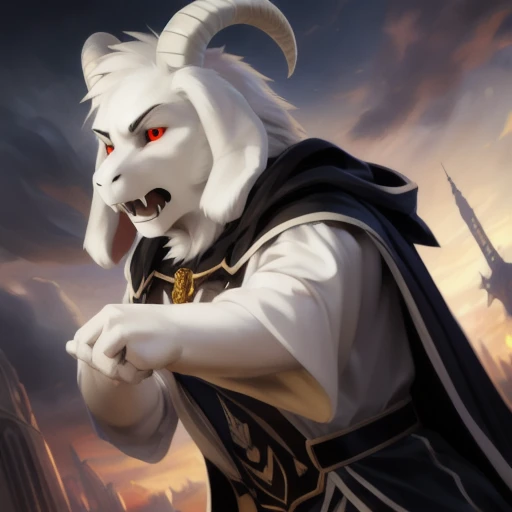 1boy,(( )), (fluffy), god of hyperdeath, ((by chunie, darkgem)), ((asrielxdreemurr character)), black robe, horns, (best quality, ultra-detailed, best illustration, masterpiece, high res, professional artwork, famous artwork), realistic paint, red eyes, black fur, detailed realistic painting, male, (detailed white fur), asriel, portrait, detailed hands, shaded, four fingers, insane details, looking forward, (angry, open mouth, fangs), fight