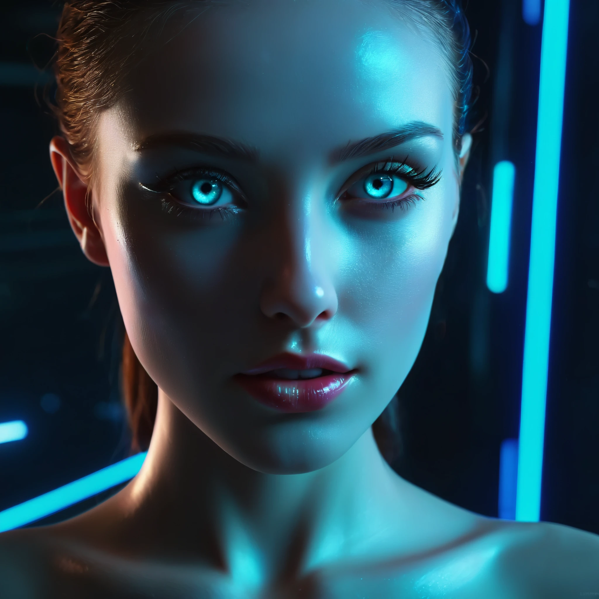 best quality,ultra-detailed,portrait,android,beautiful detailed eyes,beautiful detailed lips,longeyelashes,robotic,pale skin,glowing blue lights,shiny metallic surface,highly detailed facial features,glossy finish,futuristic,advanced technology,sci-fi,emotionless expression,perfectly symmetrical face,dynamic lighting,subtle shadows,neon colors,cyberpunk,high contrast,crystal clear details,digital art,sci-fi concept art,blurred background,strategic composition,striking visual impact