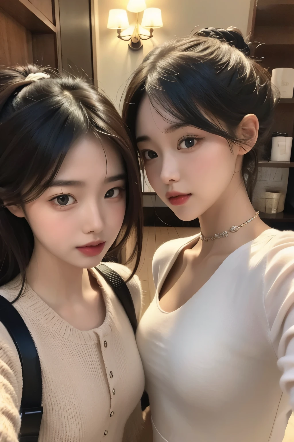 ((best quality)), ((masterpiece)), (detailed), (매우 detailed 얼굴 표현), perfect face, multi color costumes, 2 women, Twins,Madison Beer, without makeup, Profile picture, Use Instagram Filters, Subtle soft and dim light, perfect face, julia sardinian, perfect hands, Random Actions, Full-body view, fullbody, wall full of decorations,