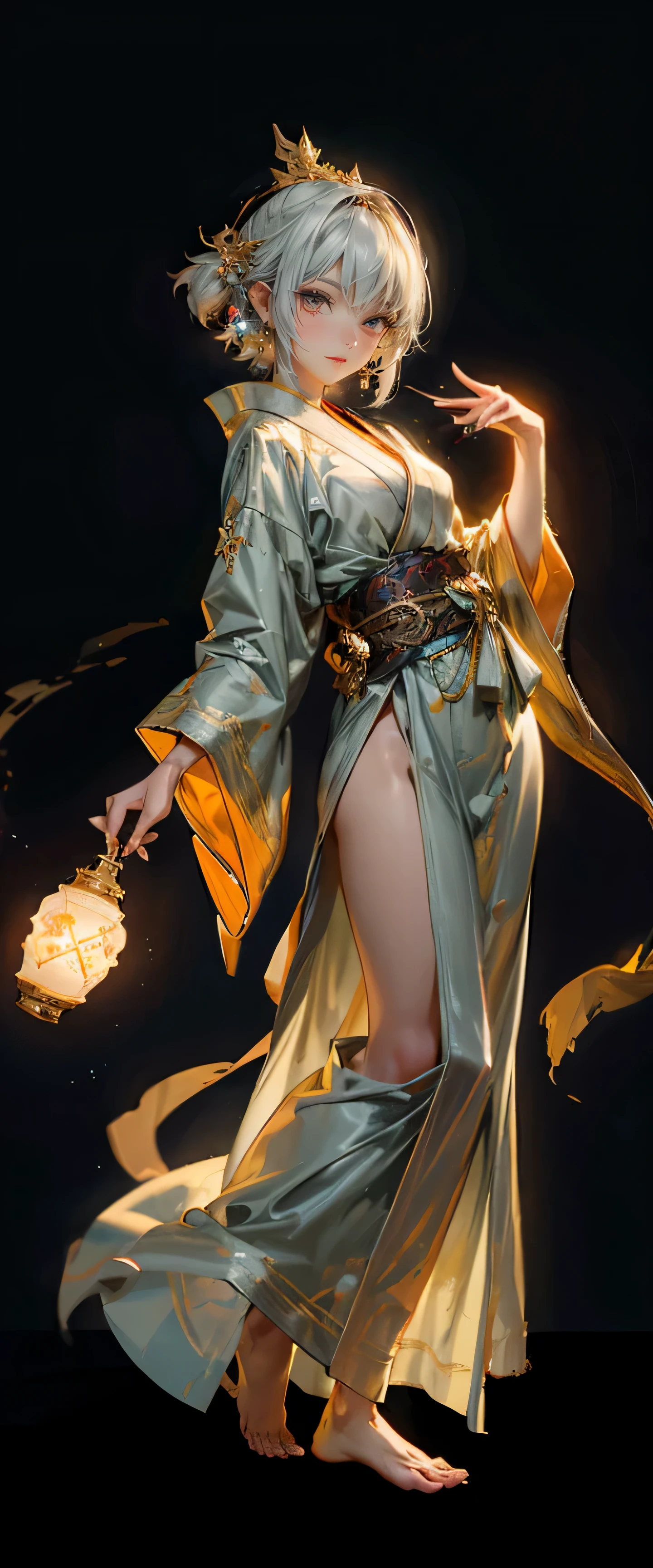 stand in sandals frontstand at attention.whole body.front.stand at attention.Japanese art，Electrically drawn animation，Animation style live-action presentation，needle strokes，high quality，Oriental beautiful boy，Handsome silver green short hair，Stylish Japanese dark blue topless robe，Cyan transparent robe.Golden yellow flowing belt，A gourd-shaped bottle tied around his waist .Free and easy and informal.silver shoulder，dramatic atmosphere，Modern style, classical and mysterious, elegant and quiet style of the image of the deity.Exquisite and luxurious majestic.Japanese air feeling，motion blur