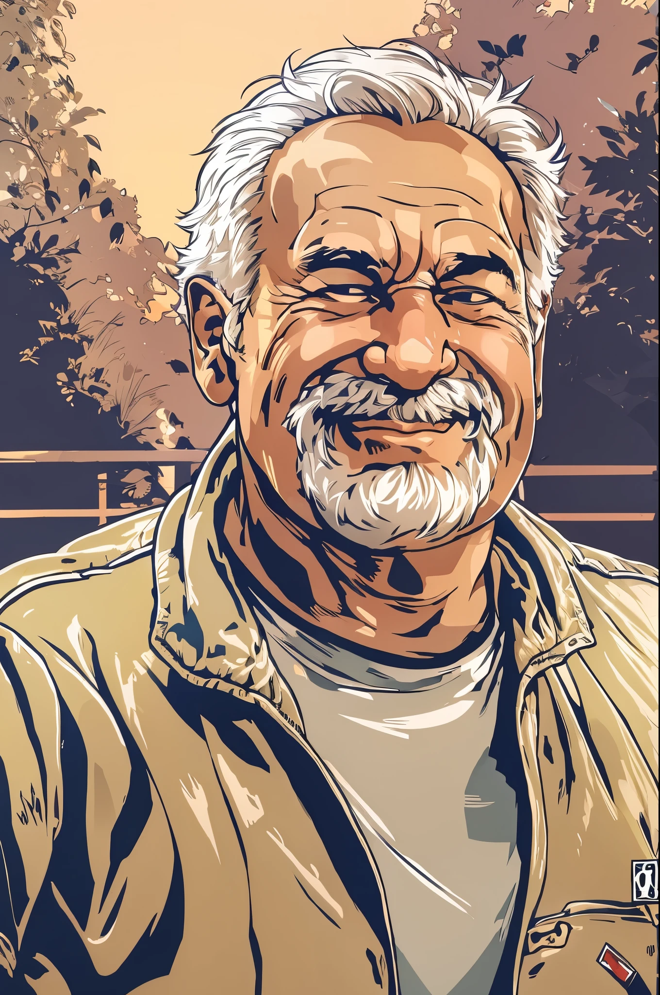 portrait, muscular old man in park, happy , vector, mwvector, summer, fat, t-shirt