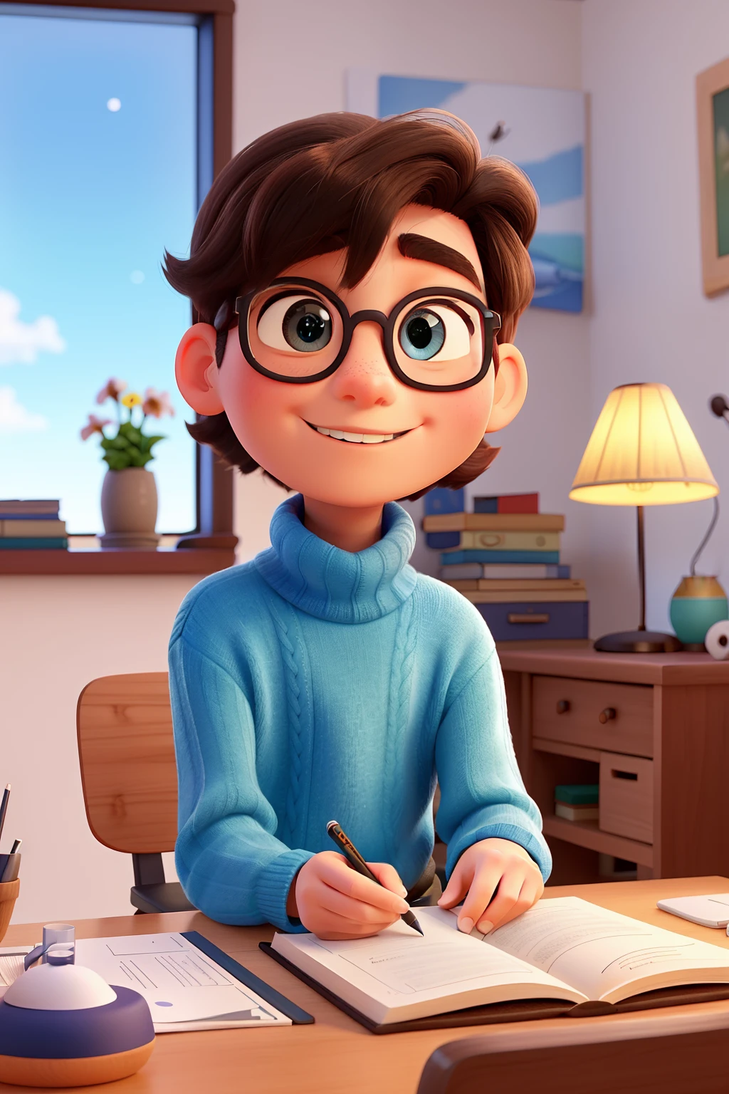 In the heart of a quiet, still vibrant environment, un hermoso hombre realista al estilo Disney-Pixar con un llamativo cabello despeinado, ponerse gafas con montura, sits serenely behind a wooden desk. The warm light emanating from a nearby lamp illuminates his very happy expression., Casting a soft glow on your turtleneck sweater. Sus ojos se encuentran con la mirada del espectador., Transmitting an air of wisdom and introspection.. The pristine background enhances its captivating presence., creating an engaging sense of connection that resonates with all 3:2 Aspect ratio.