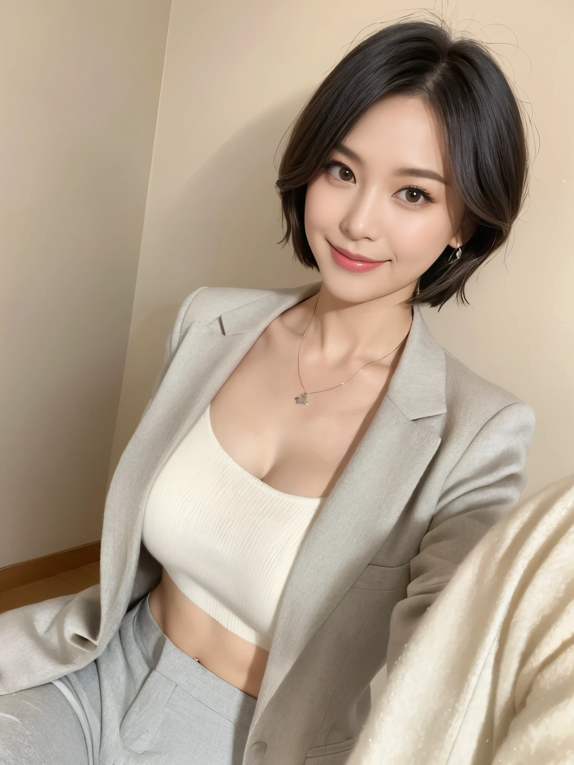 Japanese,Watching the audience,(Light grey business jacket:1.4),(black blouse:1.4)、(white wool pants:1.4),(真珠のnecklaceを着けている:1.4)、Shiny skin,necklace,Earrings,Normal size breasts,Black Hair,Red Mouth,clavicle,Beautiful fingers,Full body portrait, short hair, Bobcut, 8k, Very detailed, highest quality, Beautiful Skin Anatomically Correct, masterpiece , highest quality, Cinema Lighting, Use perspective throughout , Surrealism , ,(Realistic:1. 3),(RAW Photos) , Black Hair, light smile, short hair, Bobcut, Anaglyph, Stereogram, (Mature Woman:1), (38 years old), ((close:0.5)), Glare, double eyelid, Lip gloss, (smile:1), ((close your eyes:0.85)), Red Mouth, clavicle, ((Looking at the audience)), (The whole body is visible) , standard body shape ,C cup breasts、 Perfect round eyes , Fine texture