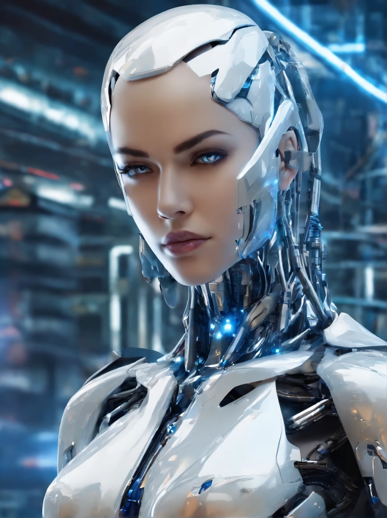 (Highest Quality,4k,8k,Hi-Res,Masterpiece:1.2), Ultra-Detailed, (Realistic,Photorealistic,Photorealistic:1. 37), Highest Quality, Ultra-Detailed, Portrait, World's most beautiful killer android, the latest terminator, Beautiful detailed eyes reflecting light, Beautiful detailed lips, Long eyelashes, Robot, pale skin, blue glowing light, shiny metal surface, highly detailed facial features, glossy finish, futuristic, cutting edge technology, science fiction, expressionless, perfectly symmetrical face, dynamic lighting, subtle shadows, neon colors, cyberpunk, high contrast, sharp details, digital art, science fiction concept art, blurred background, strategic composition, striking visual impact, (NSFW:1.3)