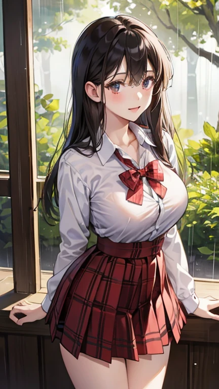 Masterpiece ,best quality , high resolution , (1 girl solo:1.38) , (yukino yukinoshita, black hair, blue eyes, long hair, ahoge) , (cleavage:1.02) , (big breast:1.03) , (blazer, cardigan, jacket, plaid skirt, , skirt, high ) , (face view , look at view , front view , from front) , ( outdoor , grass , tree , in campus ) , (standing , thighs ) , (cowboy_shot) , (smile , open mouth full face blush , shy )