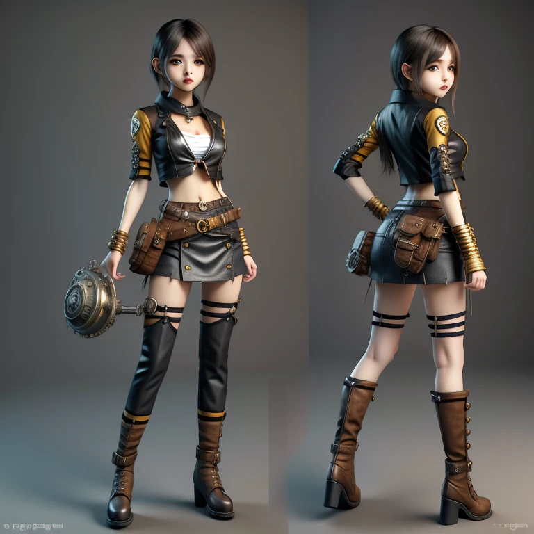 Fants Manga (Creature:0.5)|(Tiger:0.5) Design, Super Detailed, Random Color, Steampunk, and Punk Costume, Cute Girl, Mini Skirt, Shapely Bust, Anime Character, Cartoon, 3D Illustration Style, 3D Rendering , plain background,