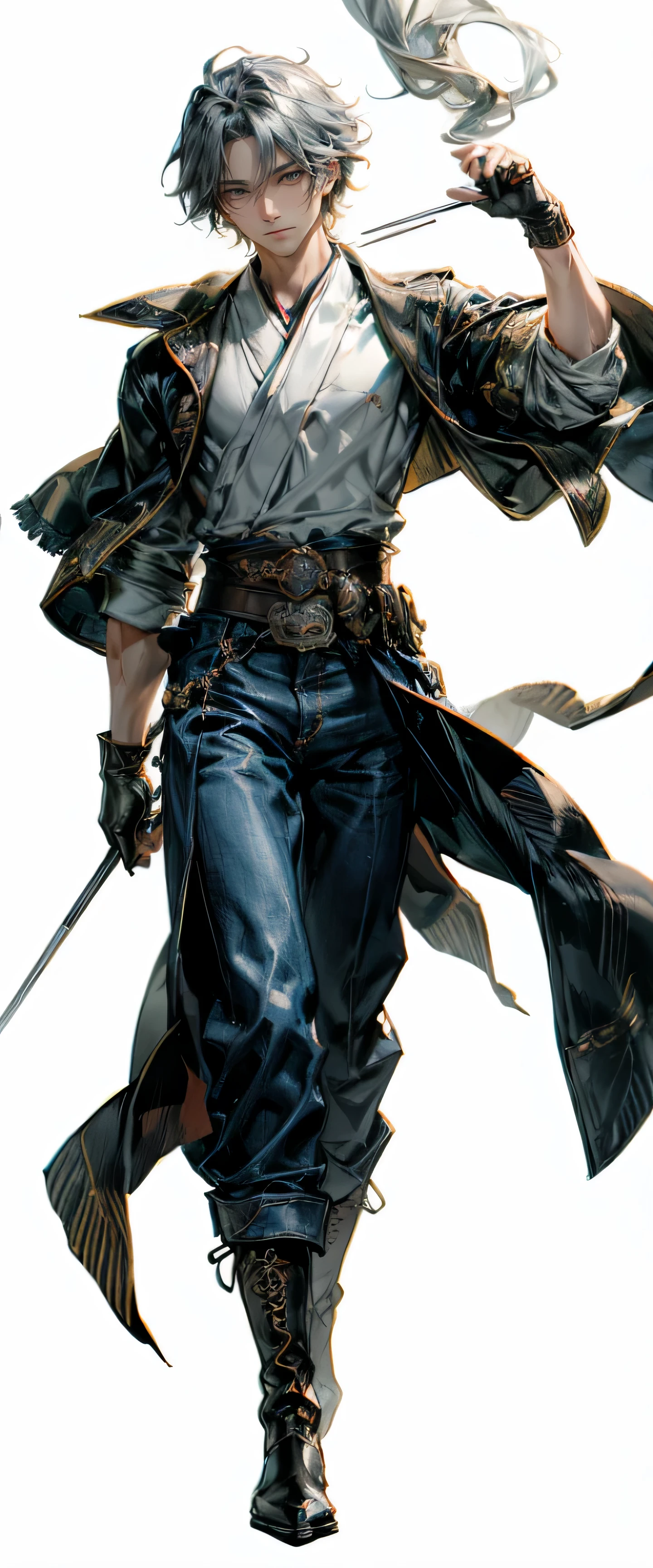 whole body.front.stand at attention.Japanese art，Electrically drawn animation，Animation style live-action presentation，needle strokes，high quality，Oriental beautiful boy，Handsome silver-green short hair，Fashionable and stylish ripped ink blue denim jacket，Blue transparent long chest-revealing shirt.Leather belt.Leather Boots，gloves jewelry.silver shoulder，dramatic atmosphere，Modern style, classical and mysterious, elegant and quiet style of the image of the deity.Exquisite and luxurious majestic.Japanese air feeling，motion blur，On clear glass，White background