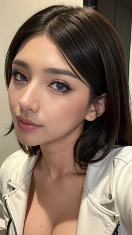 masterpiece、1 beautiful girl、 (reality: 1.4), Japanese、Asian Beauty、so beautiful、Beautiful Skin、thin、(Upper Body)、(超reality的な)、(High resolution)、(8k)、(Very detailed)、(finelyて美しい目)、(Very detailed)、Big eyes、Brown eyes、Long eyelashes、Detailed face、Gloss Lip,Bright lighting、Professional Lighting、Looking at the camera、(masterpiece:1.2), Very detailed, 超High resolution, (reality的な, photo reality的な:1.37), High resolutionのRAWカラー写真, Professional photos, Very delicate and beautiful, Very detailed, finely, Large file size, Very detailed beautiful girl, very Detailed face, Very detailed eyes, Very detailed skin, Very detailed nose, Very detailed mouth, Perfect Anatomy, Very detailed背景, (highest quality,4K,8k,High resolution,masterpiece:1.2),Very detailed,(reality的な,photoreality的な,photo-reality的な:1.37),Full body portrait,1 girl, outstanding features, Mystical Eyes, White Leather Jacket,shy, Black hair straight, Looking at the audience, Big Breasts, Written boundary depth, High resolution画像、thin waist