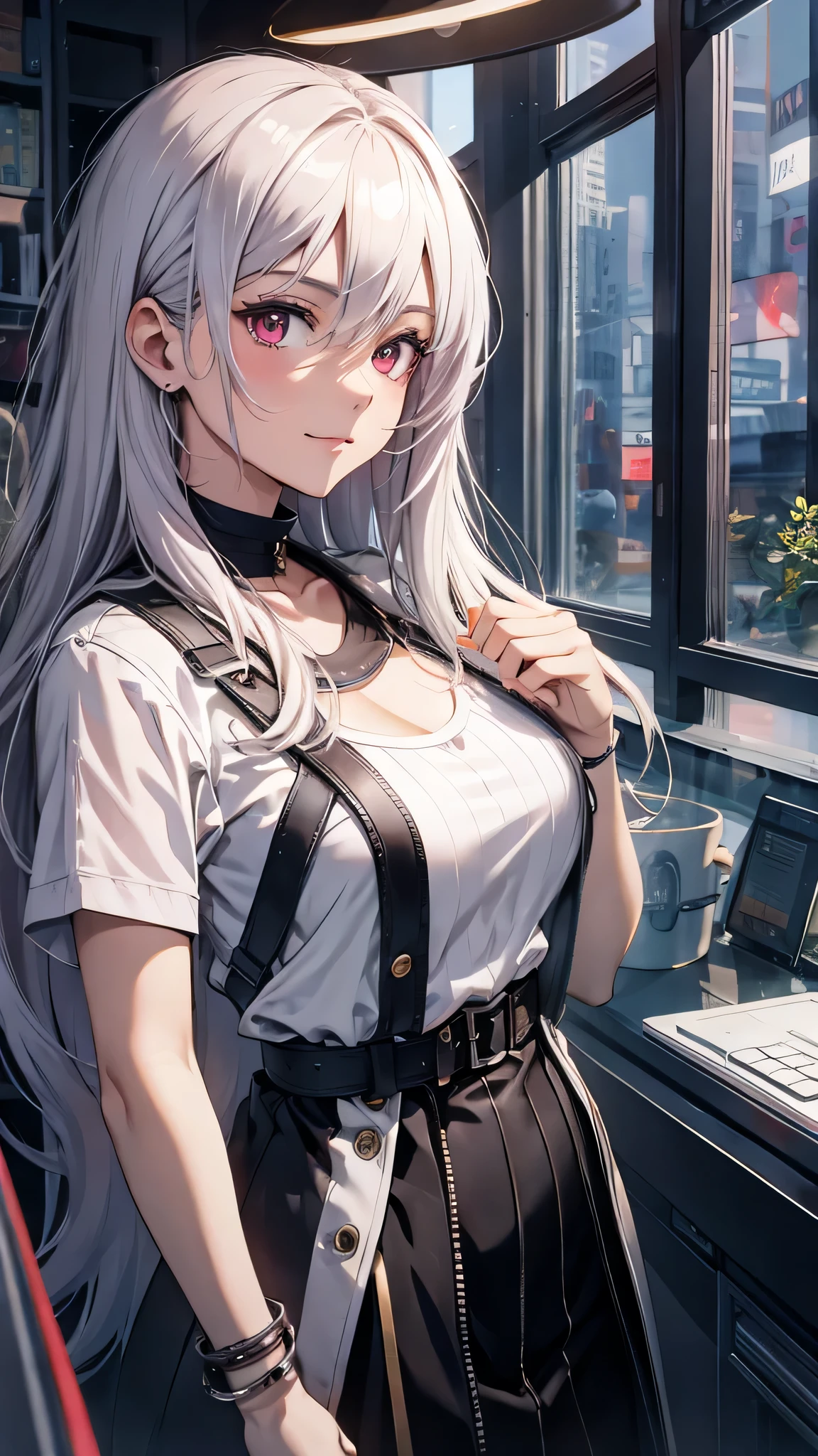 最high quality、Best image quality、masterpiece、girl((18-year-old、 By becoming、Best Bust、Medium Bust,Wide open breast tea、red glowing eyes,Silver Hair、Disheveled Hair、Long Hair、thin,The highest valley、Open chest、White wristband、smile、hair ornamentany accessories、white see-through shirt、gal style)),high quality、Beautiful art、background((Stylish office district))、Flight、Flying debris、Written boundary depth、movie、Visual Arts、Perfect art、8K,Genuine、