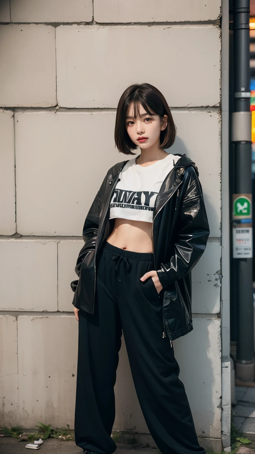 18-year-old,Korean women,((((Standing against the wall)))),(((Dirty neon street at night))),(((Facing forward))),(((Frowning,カメラをGlaring))),(Very fine eye),((I can't see my stomach)), (((Wearing a long black down jacket,Wearing baggy pants))),(((Collapsing Building))),(((old buildings))),((photograph)),((A woman near a garbage dump)),(((Fabric Shading))), (((highest quality))), (((masterpiece))) strong girl, ((((Realistic)))), I have a card,Black Hair, chic hairstyle, ((With bangs,Straight medium bob cut, nice hair)), Light makeup,Red eyes, (((I&#39;m not wearing lipstick))), (nice, strong), (((Strong night atmosphere))), Centered Images, Looking at the camera, Realistic Skin,Realistic texture,８k,whole body,Pale skin, (((Dirty garbage dump))),A huge amount of trash,Red iris,Expressionless,Glaring,Perfect Face,(((Big eyes))),Wide black baggy pants,Mouth closed, portrait of aespaのウィンター,She is wearing black streetwear, Woman in black streetwear, 黒いハイテクな服を着た女性のphotograph, Girl wearing black hoodie, Cyberpunk Streetwear, Cyberpunk Streetwear street fashion e-girl,