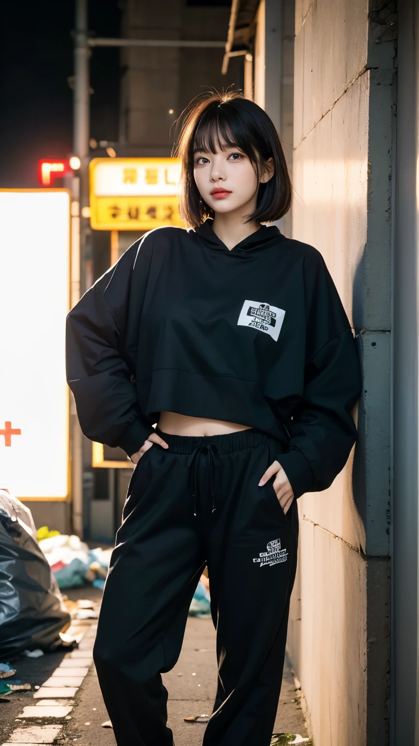 18-year-old,Korean women,((((Standing against the wall)))),(((Dirty neon street at night))),(((Facing forward))),(((Frowning,カメラをGlaring))),(Very fine eye),((I can't see my stomach)), (((Wearing a long black down jacket,Wearing baggy pants))),(((Collapsing Building))),(((old buildings))),((photograph)),((A woman near a garbage dump)),(((Fabric Shading))), (((highest quality))), (((masterpiece))) strong girl, ((((Realistic)))), I have a card,Black Hair, chic hairstyle, ((With bangs,Straight medium bob cut, nice hair)), Light makeup,Red eyes, (((I'm not wearing lipstick))), (nice, strong), (((Strong night atmosphere))), Centered Images, Looking at the camera, Realistic Skin,Realistic texture,8k,whole body,Pale skin, (((Dirty garbage dump))),A huge amount of trash,Red iris,Expressionless,Glaring,Perfect Face,(((Big eyes))),Wide black baggy pants,Mouth closed, portrait of aespaのウィンター,She is wearing black streetwear, Woman in black streetwear, 黒いハイテクな服を着た女性のphotograph, Girl wearing black hoodie, Cyberpunk Streetwear, Cyberpunk Streetwear street fashion e-girl,