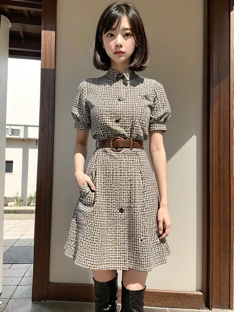 1girl、Standing in front of the viewer、Masterpiece、Official Art、high waist、Brown and dark brown houndstooth A-line dress、Sharp piping at transitions and edges、Super detailed、super beautiful、white straight short hair、Knee-high boots、