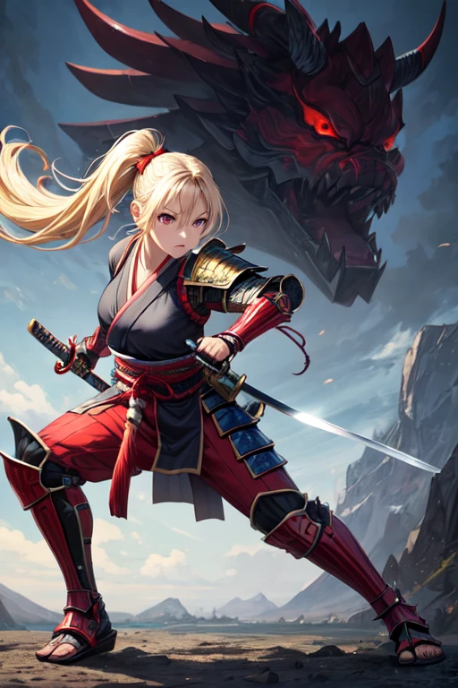 ((best quality)), ((masterpiece)), (detailed), perfect face
1 girl full body look 
long blonde hair pigtail haircut 
Red eyes and fearless expression in face 
samurai armor with Oni mask covering face
wielding one long katana

