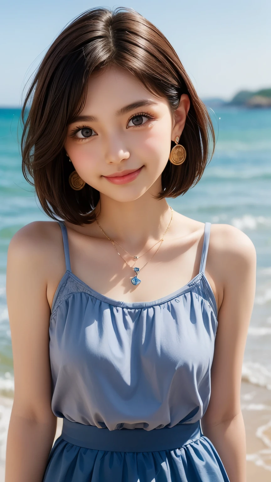 (cute face,brown eye: 1.3), (detailed face: 1.3), extra short hair, sidelocks-hair, smiling face, earrings, necklace, 1 girl, alone, blue sky, sea, short skirt, (Very detailed background: 1.0), (Very detailed background: 1.0)