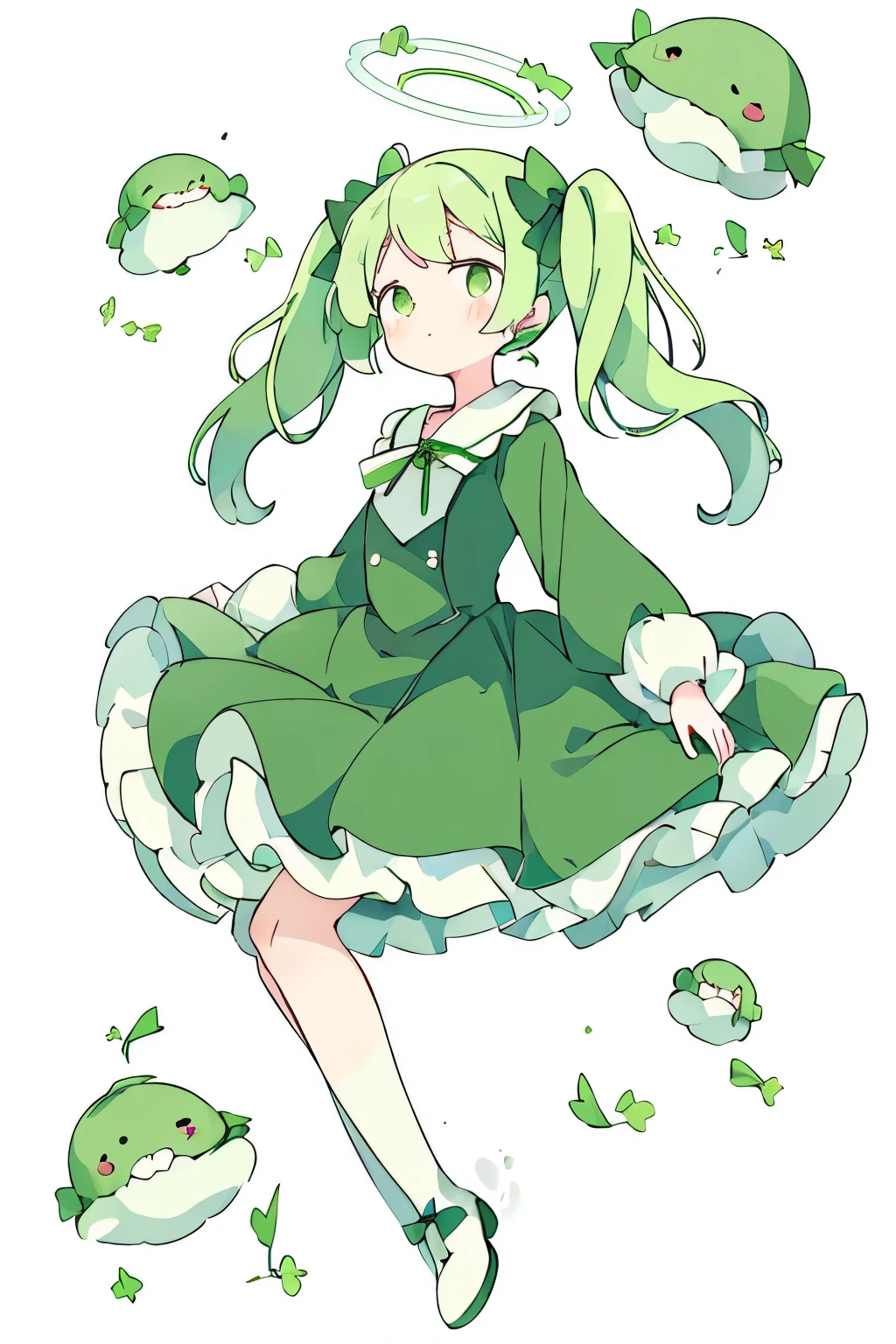 Expressionless face，Anime Style，profile，(((White background)))，Green Hair，ribbon，One girl，Bright green eyes，uniform，Long twin tails，Gorgeous Dress， Full Body Lesbian，Adorable， skirt，clavicle，long sleeves，Frills，halo，hair bow, empty eyes, smile,nsfw:2