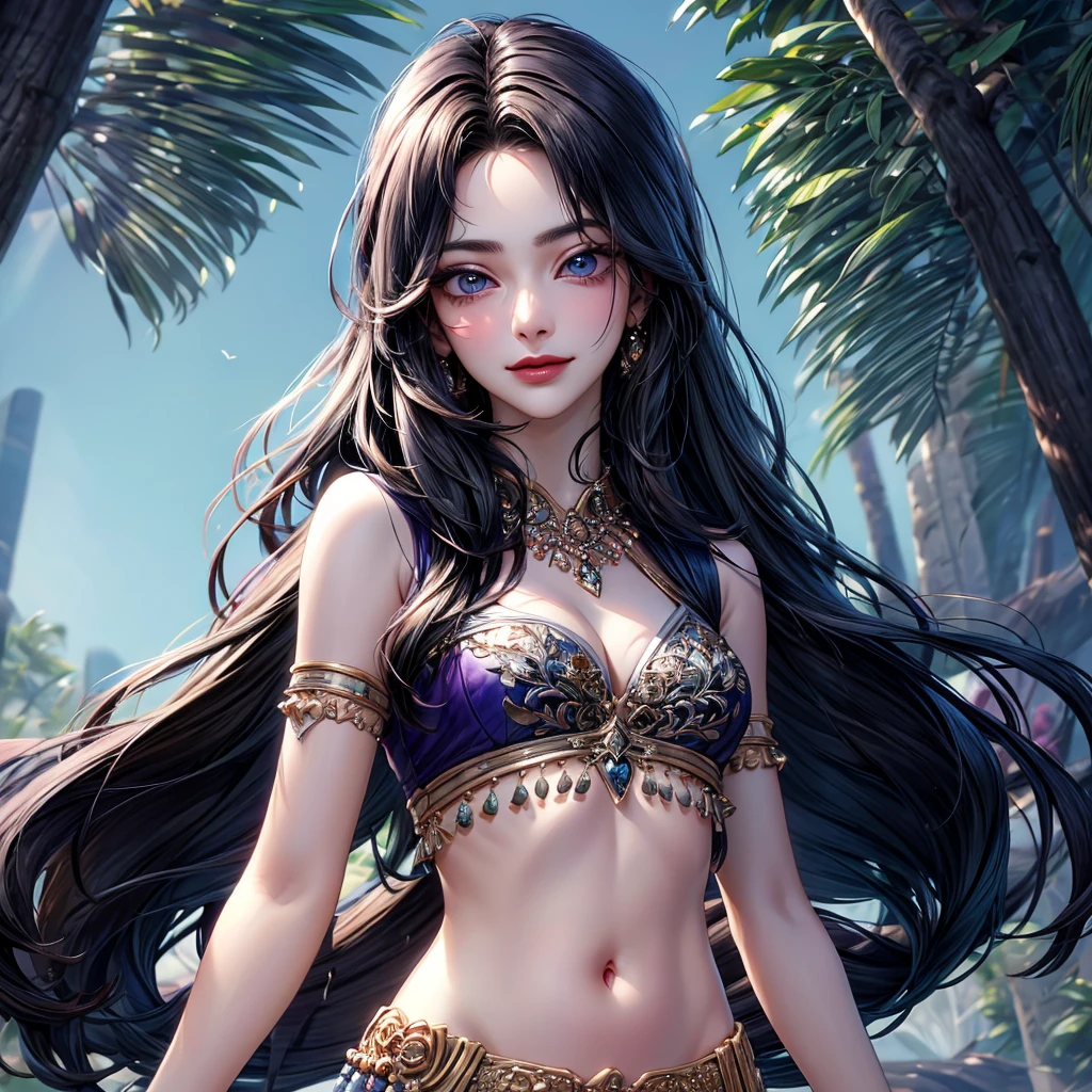 1 woman of 30 years old, {{{straight black very long hair}}} {black hair} {pin straight hair], {{{pale blue eyes}}}, Pale purple floral lehenga cholis {exposed arms} cleavage, small smile {silver accessories}, magical forest, {best quality.}, {highreaasterpiece.}, {{{medium close up.}}}, {facing viewer}