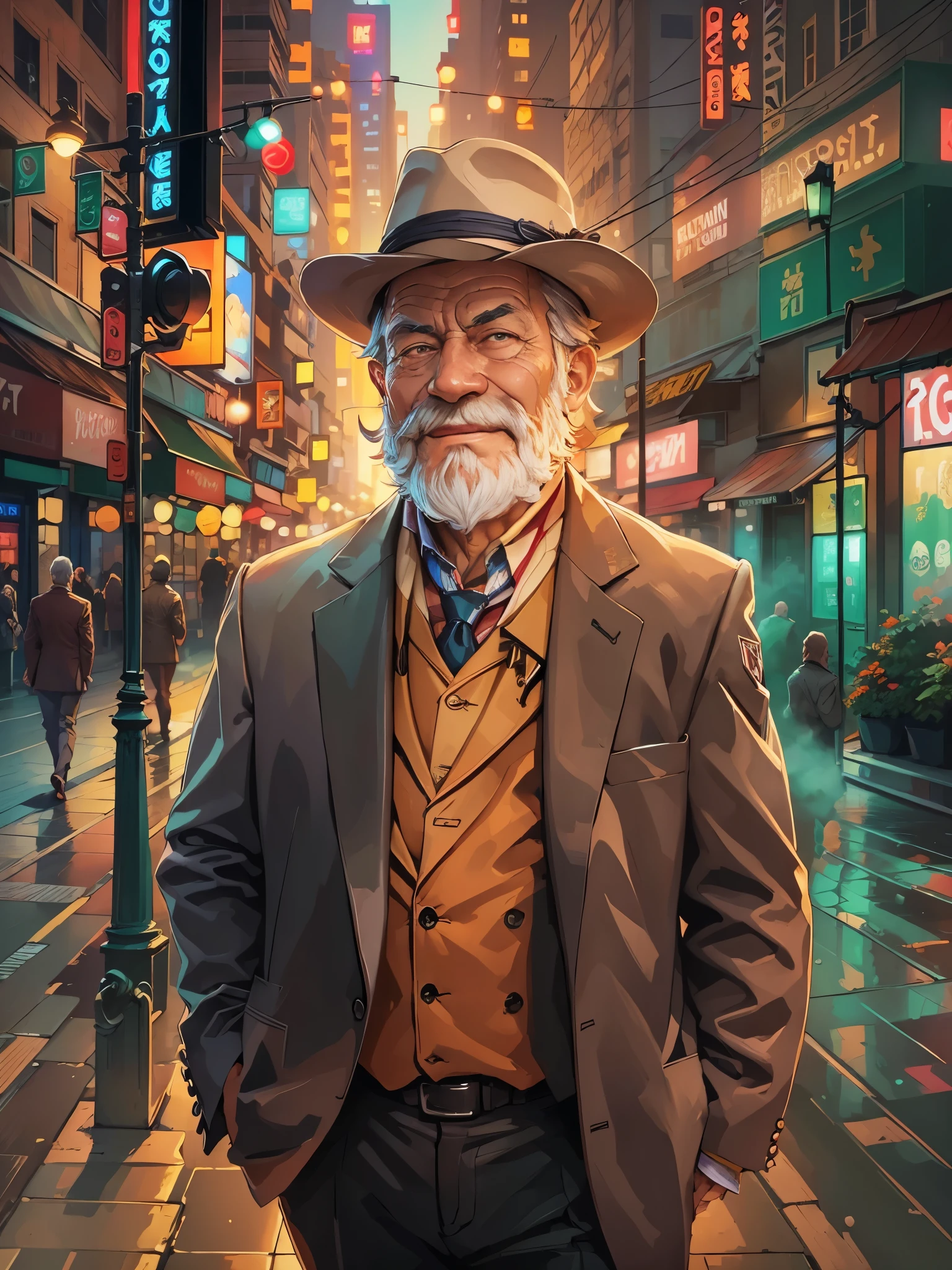 (best quality,4k,8k,highres,masterpiece:1.2),ultra-detailed,(realistic,photorealistic,photo-realistic:1.37),portrait, muscular old man, cityscape background, happy expression, autumn colors, stylish suits and ties, vector art style, mwvector, vibrant colors, warm lighting, flowing hair, elderly wrinkles, fine facial features, confident posture, bustling urban atmosphere, vibrant city lights, sharp focus, professional digital painting.