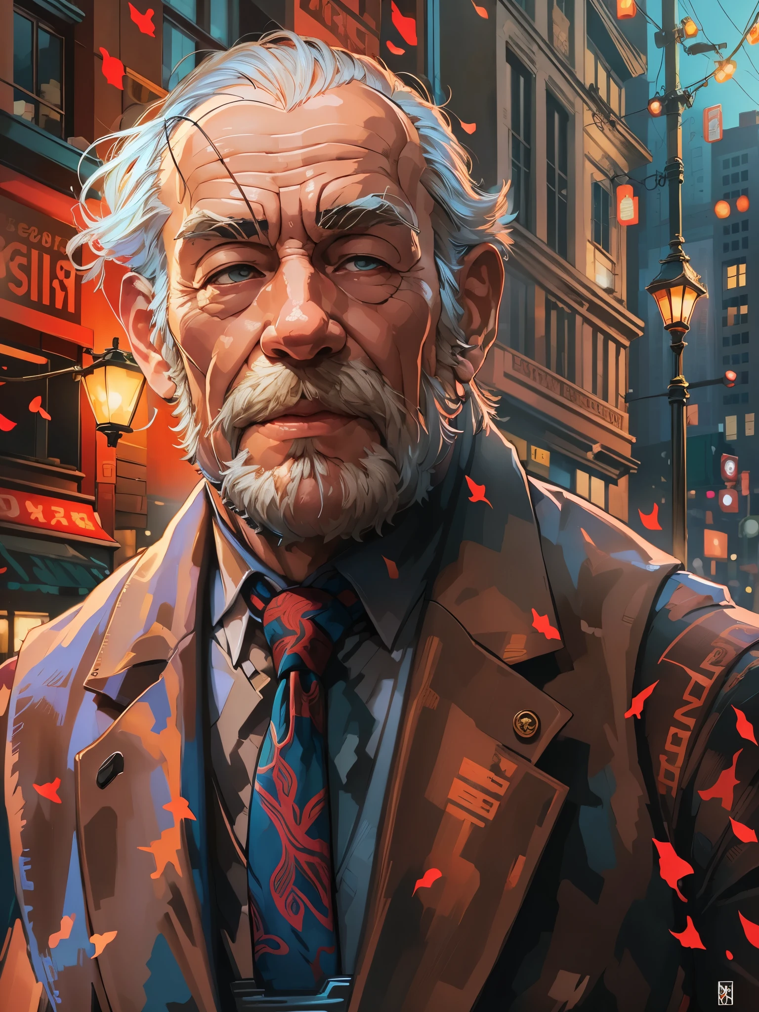 (best quality,4k,8k,highres,masterpiece:1.2),ultra-detailed,(realistic,photorealistic,photo-realistic:1.37),portrait, muscular old man, cityscape background, happy expression, autumn colors, stylish suits and ties, vector art style, mwvector, vibrant colors, warm lighting, flowing hair, elderly wrinkles, fine facial features, confident posture, bustling urban atmosphere, vibrant city lights, sharp focus, professional digital painting.