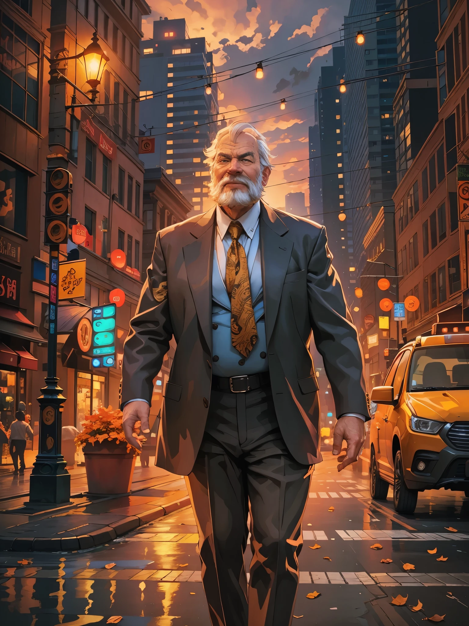 (best quality,4k,8k,highres,masterpiece:1.2),ultra-detailed,(realistic,photorealistic,photo-realistic:1.37),portrait, muscular old man, cityscape background, happy expression, autumn colors, stylish suits and ties, vector art style, mwvector, vibrant colors, warm lighting, flowing hair, elderly wrinkles, fine facial features, confident posture, bustling urban atmosphere, vibrant city lights, sharp focus, professional digital painting.