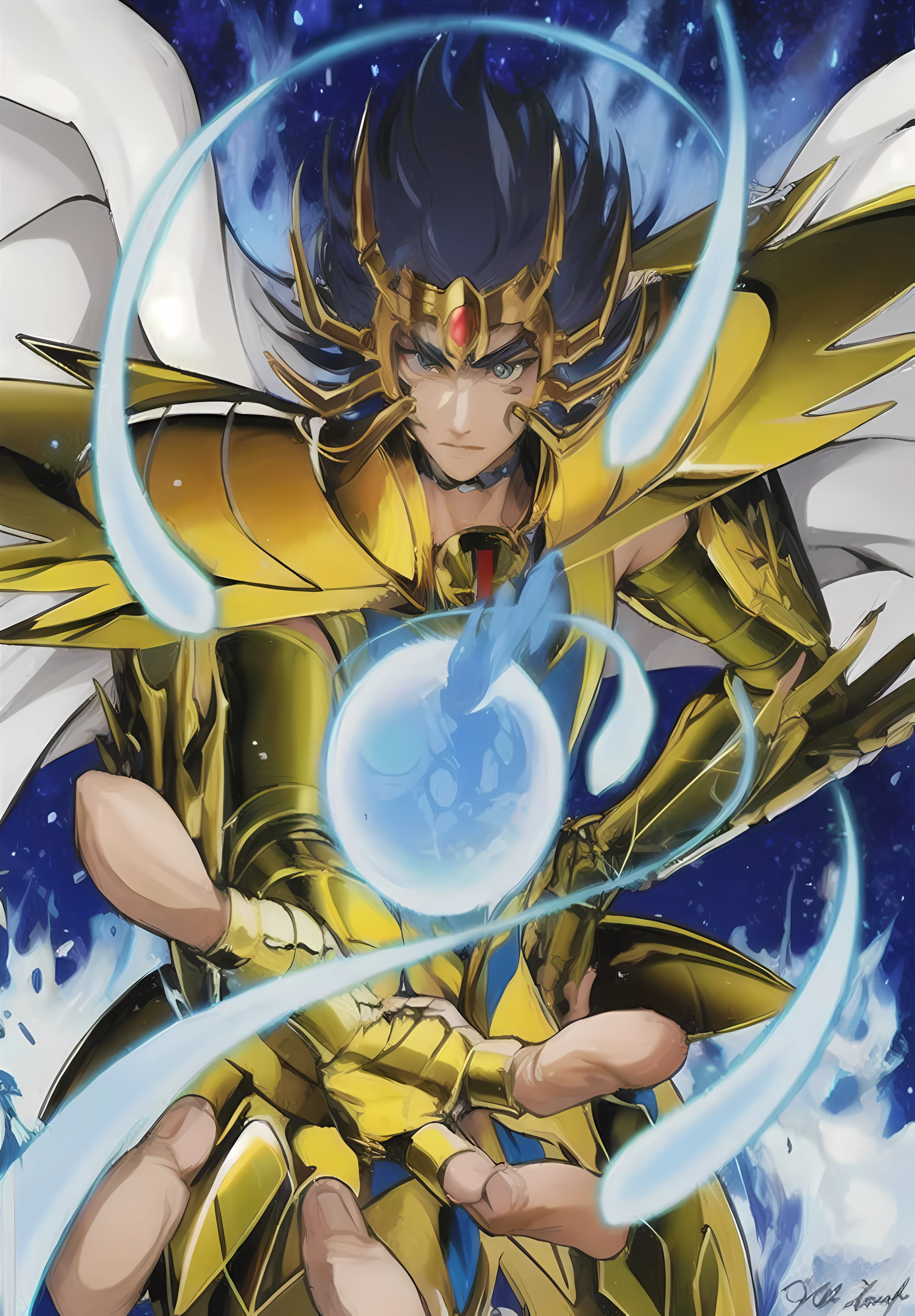 Un primer plano de una persona sosteniendo una pelota en la mano, Saint Seiya, unreal engine render Saint Seiya, obra de arte de yugioh, wind egyptian Dios, Dios. Spectacular gold-blue illumination, yugioh, Cetro, Dios of moon, the Dios of chaos, dio, Guerrero de luz, the egyptian Dios, legendary Dios holding spear