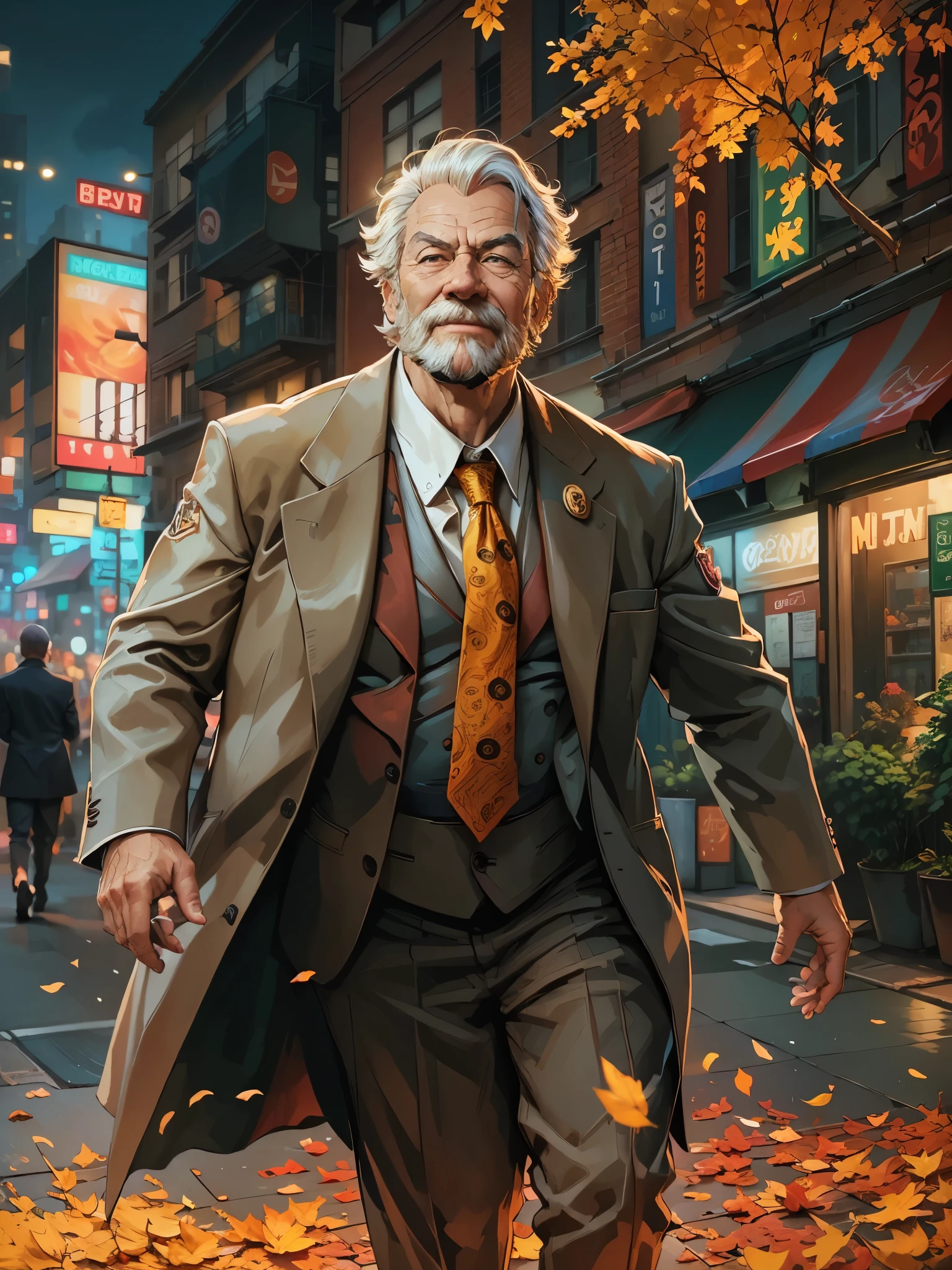 (best quality,4k,8k,highres,masterpiece:1.2),ultra-detailed,(realistic,photorealistic,photo-realistic:1.37),portrait, muscular old man, cityscape background, happy expression, autumn colors, stylish suits and ties, vector art style, mwvector, vibrant colors, warm lighting, flowing hair, elderly wrinkles, fine facial features, confident posture, bustling urban atmosphere, vibrant city lights, sharp focus, professional digital painting.
