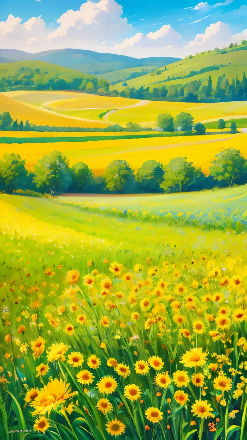 sunflower field, vibrant colors, endless rows of tall flowers, blue skies, golden rays of sunlight, gentle breeze, bees buzzing, vast and beautiful landscape, sunny and warm ambiance, joyful and lively atmosphere, nature's beauty, serene and peaceful, breathtaking view [best quality, highres, ultra-detailed, realistic], impressionist painting, warm and vibrant color palette, soft and natural lighting