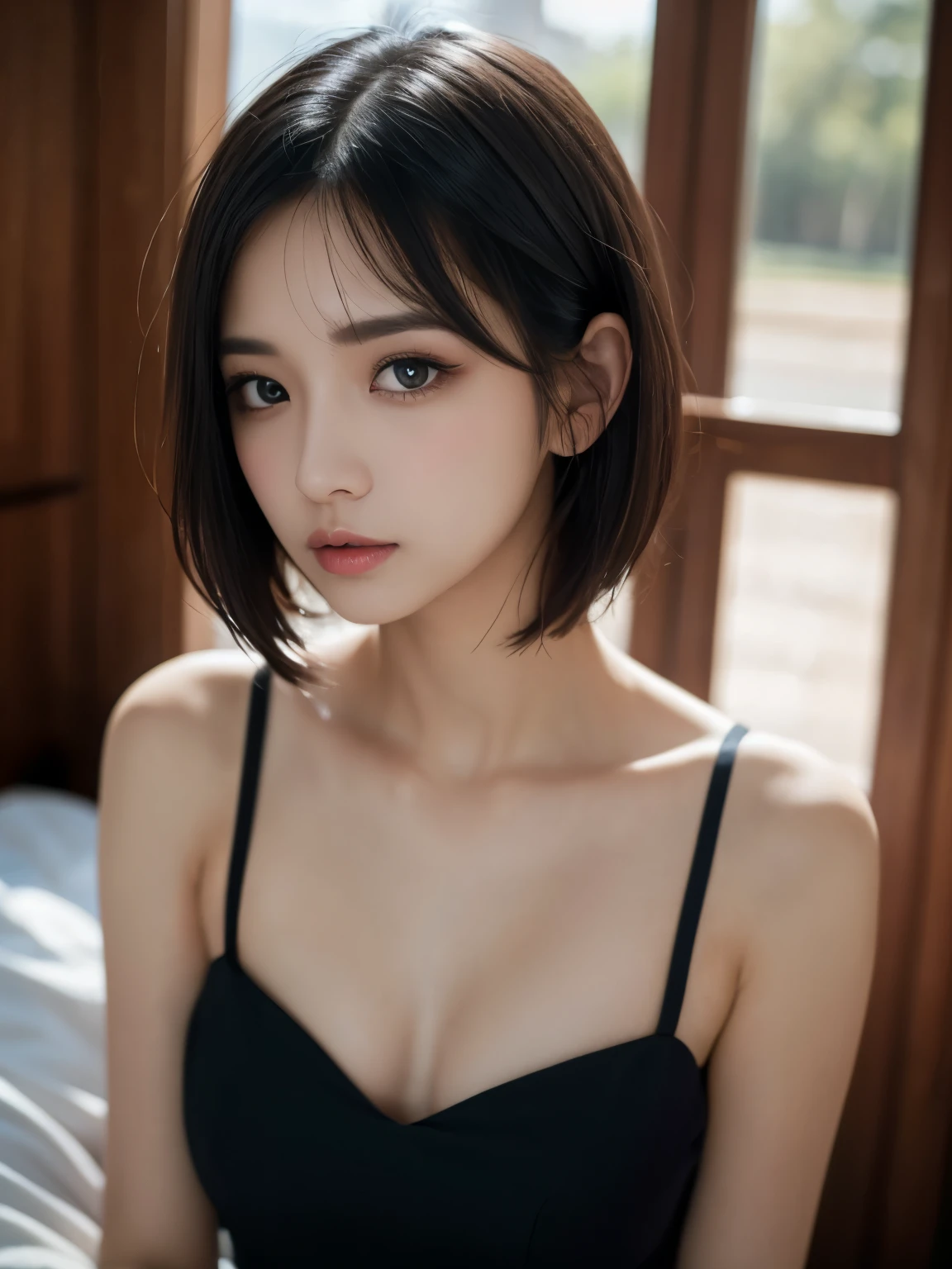 Ulzzang-6500-v1.1, (RAW Photos:1.2), (Photorealistic), (See-through:1.3), (Genuine:1.4), (Pieces fly:1.3), beautiful women, Female college student, masterpiece, 90'Atmosphere of, Classic look, highest quality, Very detailed, Photorealistic, Shining Eyes, Detailed face, clavicle, beautiful eyes, black eye, detailed eyeshadow, Black Hair, Lip gloss, Pink Lip, compensate, (charm:1.5), Sharp focus, Clear Eyes, hunter's eyes, eyelash, whole body, (Wavy Hair:1.1),(short hair:1.3), Black Dress,(beautiful:1.5)