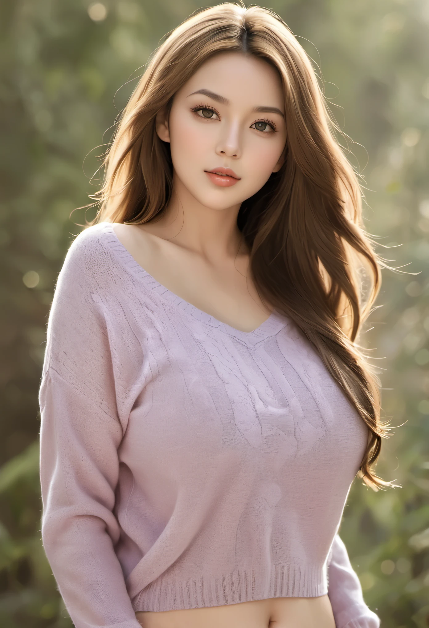 (masterpiece, best quality: 1.2), 1 Fairy, Golden Eyes, Delicateeyes, puffy lips,, Wide hips, Thick thighs,Kissable face, Perky nipples, Smooth and radiant skin, Huddled together, Huge natural breasts,sweater