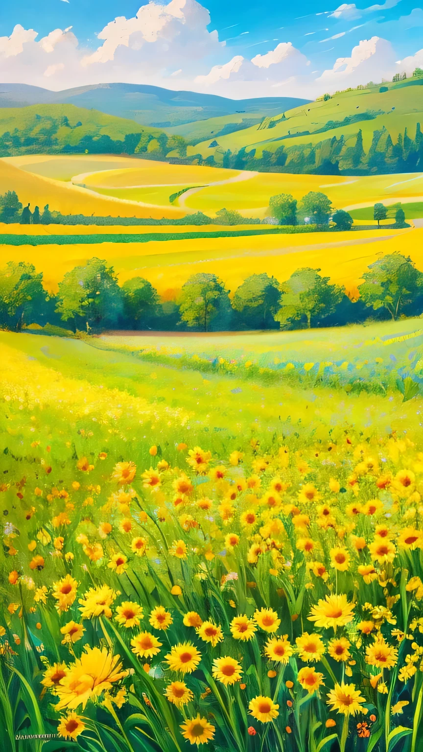 sunflower field, vibrant colors, endless rows of tall flowers, blue skies, golden rays of sunlight, gentle breeze, bees buzzing, vast and beautiful landscape, sunny and warm ambiance, joyful and lively atmosphere, nature's beauty, serene and peaceful, breathtaking view [best quality, highres, ultra-detailed, realistic], impressionist painting, warm and vibrant color palette, soft and natural lighting