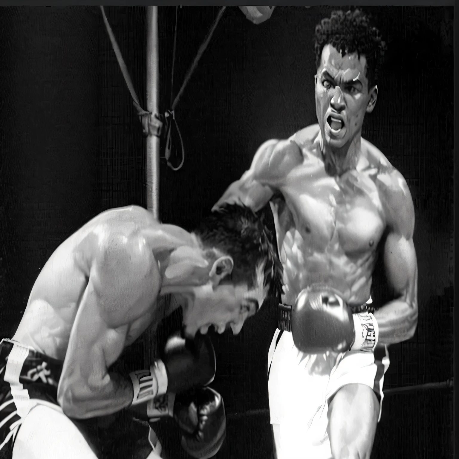 arafed boxer and opponent in a boxing ring during a match, knockout punch, boxing, boxing match, instagram photo, gene espy, mulato, ngai victo and dougherty patrick, by Stan Galli, in a boxing ring, by Samu Börtsök, muhammad ali, vray and arnold, by Edward Avedisian