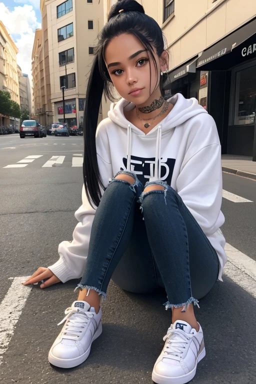 (masterpiece), best quality, expressive eyes, perfect face, (street background), (sitting), (smirk), (closeup view), (1girl, bella poarch, fair skin, black hair, twin pigtail hairstyle, brown eyes, hourglass figure, thin body, skinny body, petite_body, thick thighs, long fingernails, body tattoos, grey hood sweater, croptop, loose fit, black ripped denim pants, tennis shoes, miscellaneous jewelry)