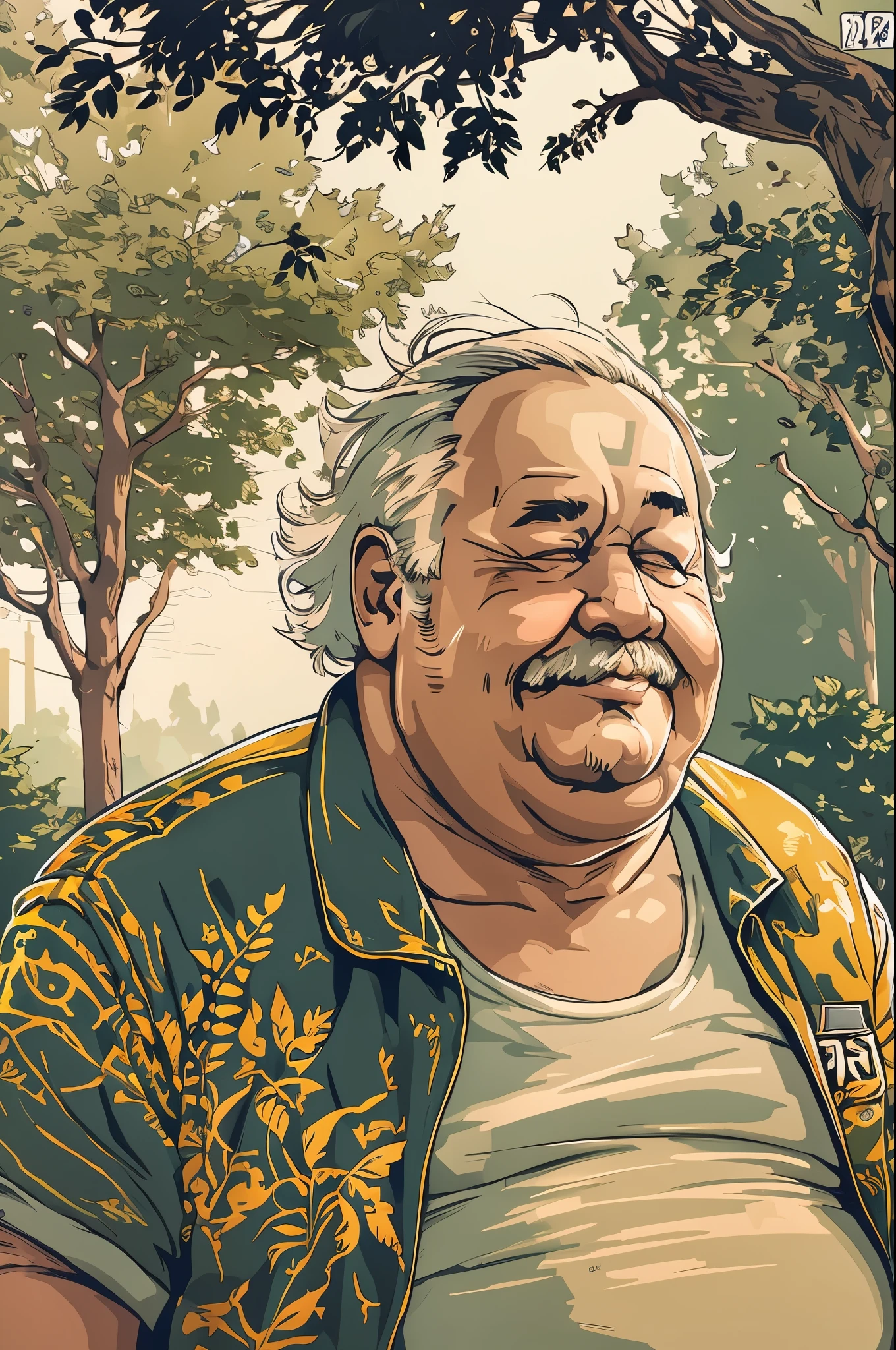 portrait, fat old man in park, happy , vector, mwvector, summer, fat, t-shirt
