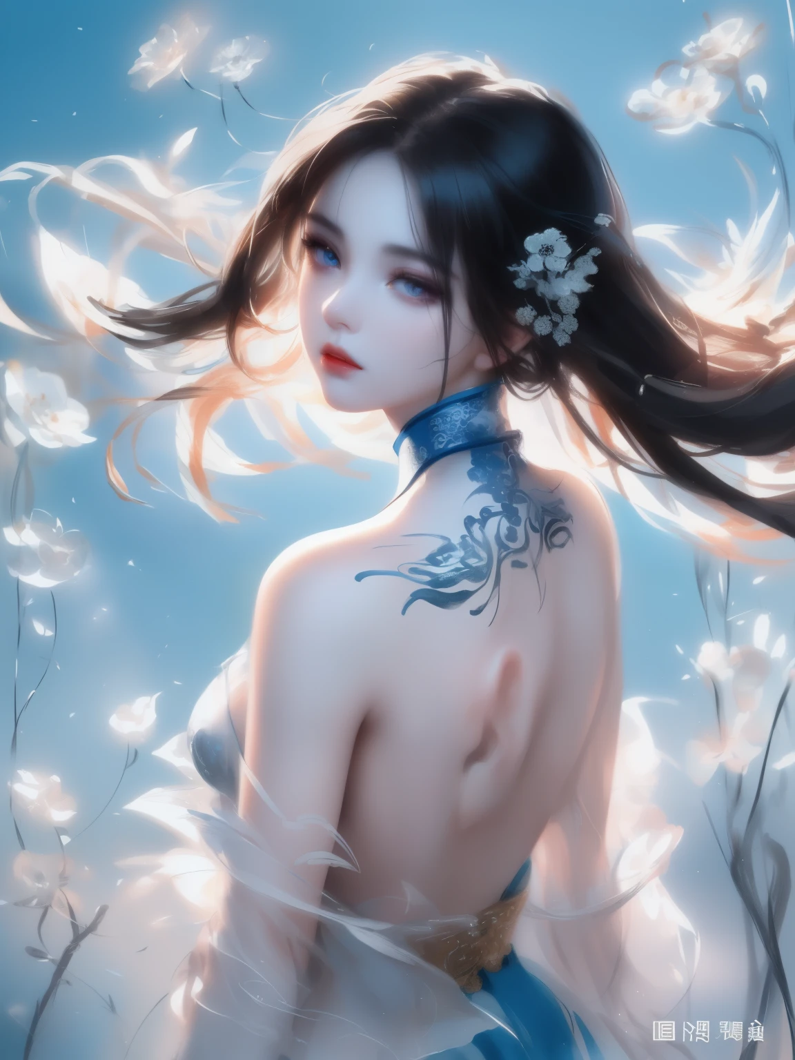 (((masterpiece))),(((best quality))),((ultra-detailed)), ((illustration)),floating, ((an extremely delicate and beautiful)),(beautiful detailed eyes), (painting),(sketch),((neck)),(((back))),(looking back), blush,dhalter dress, backless dress ,hyper detailed,eyes,(black hair),upper body, (((Clear face))),((Clear eyes)), bangs, serious face, (((Chinese cloth,ornament))),{Ink painting style},{Ancient Chinese style},very long hair,disheveled hair,messy_hair,white hair,flowing hair,wind,glowing eyes,cinematic lighting,everything floating,Extremely gorgeous,legend,epic,feather, leaves, nature, (sunlight), river, (forest),(painting),(sketch),((:1.3)),{petite},{cute face},((flat chested)),(Sketch),(laurel crown ),(((beautiful detailed sky,smooth))),(soft),((beautiful detailed eyes and face)),(neck ring),(necklace),(pendant),((white dress)),(detailed light),(beautiful detailed eyes),shinelight ),(lighting particle),(colorful),((((Chinese ink painting))), ((((Ink dyeing)))),