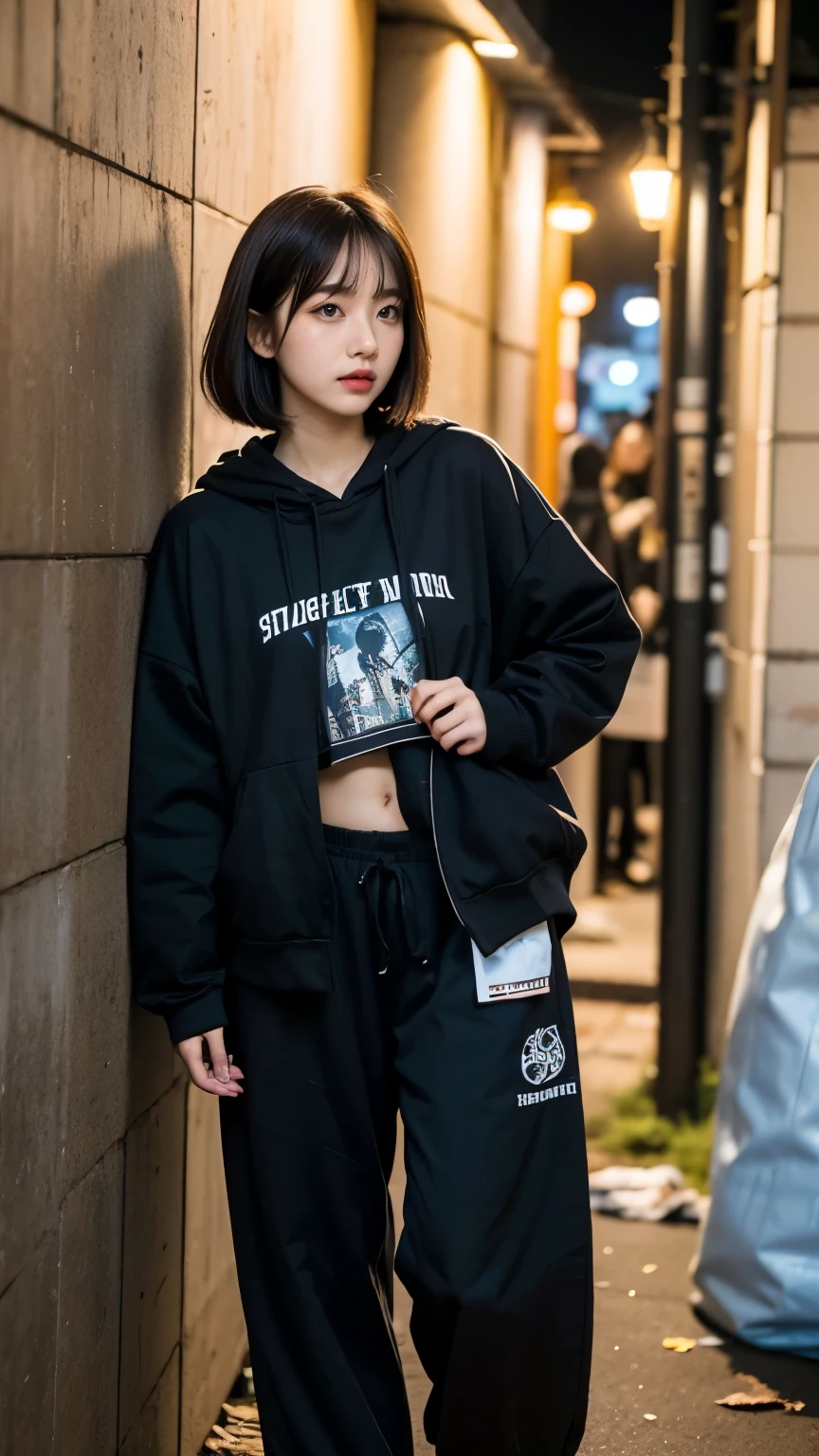 18-year-old,Korean women,((((Standing against the wall)))),(((Dirty neon street at night))),(((Facing forward))),(((Frowning,カメラをGlaring))),(Very fine eye),((I can't see my stomach)), (((Wearing a long black down jacket,Wearing baggy pants))),(((Collapsing Building))),(((old buildings))),((photograph)),((A woman near a garbage dump)),(((Fabric Shading))), (((highest quality))), (((masterpiece))) strong girl, ((((Realistic)))), I have a card,Black Hair, chic hairstyle, ((With bangs,Straight medium bob cut, nice hair)), Light makeup,Red eyes, (((I'm not wearing lipstick))), (nice, strong), (((Strong night atmosphere))), Centered Images, Looking at the camera, Realistic Skin,Realistic texture,8k,whole body,Pale skin, (((Dirty garbage dump))),A huge amount of trash,Red iris,Expressionless,Glaring,Perfect Face,(((Big eyes))),Wide black baggy pants,Mouth closed, portrait of aespaのウィンター,She is wearing black streetwear, Woman in black streetwear, 黒いハイテクな服を着た女性のphotograph, Girl wearing black hoodie, Cyberpunk Streetwear, Cyberpunk Streetwear street fashion e-girl,