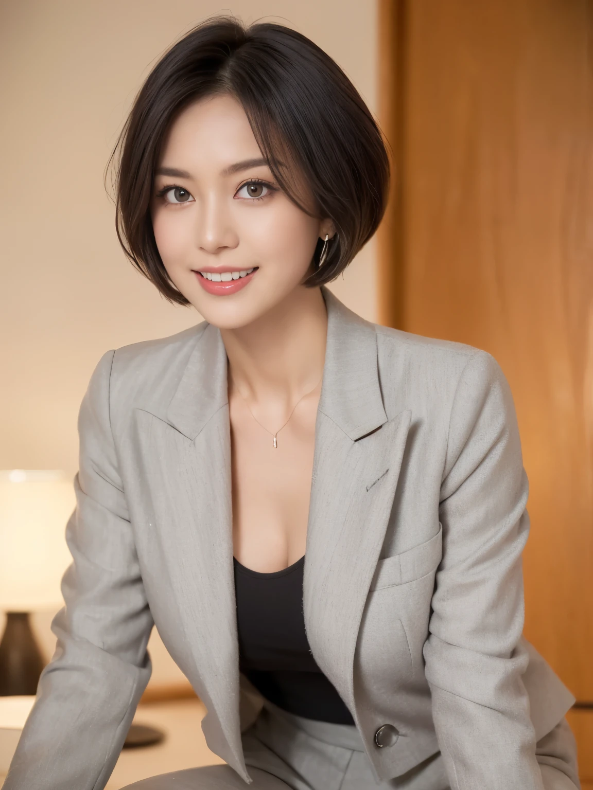 Japanese,Watching the audience,(Light grey business jacket:1.4),(Black blouse:1.8)、(white wool pants:1.4),(真珠のnecklaceを着けている:1.4)、Shiny skin,necklace,Earrings,Normal size breasts,Black Hair,Red Mouth,clavicle,Beautiful fingers,Full body portrait, short hair, Bobcut, 8k, Very detailed, highest quality, Beautiful Skin Anatomically Correct, masterpiece , highest quality, Cinema Lighting, Use perspective throughout , Surrealism , ,(Realistic:1. 3),(RAW Photos) , Black Hair, light smile, short hair, Bobcut, Anaglyph, Stereogram, (Mature Woman:1), (38 years old), ((close:0.5)), Glare, double eyelid, Lip gloss, (smile:1), ((close your eyes:0.85)), Red Mouth, clavicle, ((Looking at the audience)), (The whole body is visible) , standard body shape ,C cup breasts、 Perfect round eyes , Fine texture
