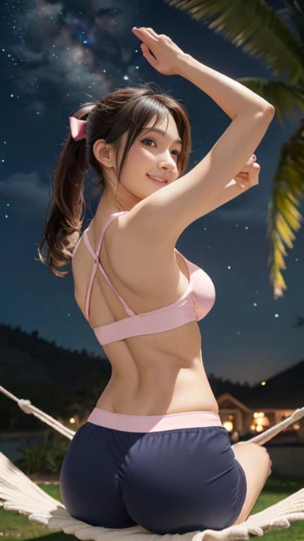 Tabletop, (highest quality), 23 years old,Very detailed, finely, (High resolution), (8k), ((Perfect rear view composition)), (Natural color lip),(ponytail:1.3),((がsitting in a large hammock tied to a palm tree))),((pink fitness shorts)),((whole body:1.3),,((shrapnel:1.3)),((Perfect rear view:1.3)),((The magnificent Milky Way floating in the night sky)),((Pose with your arms raised above your head)),(look back and smile),((Big ribbon on thigh)),((Big Ass((Ample breastll and firm breasts),(Smao),