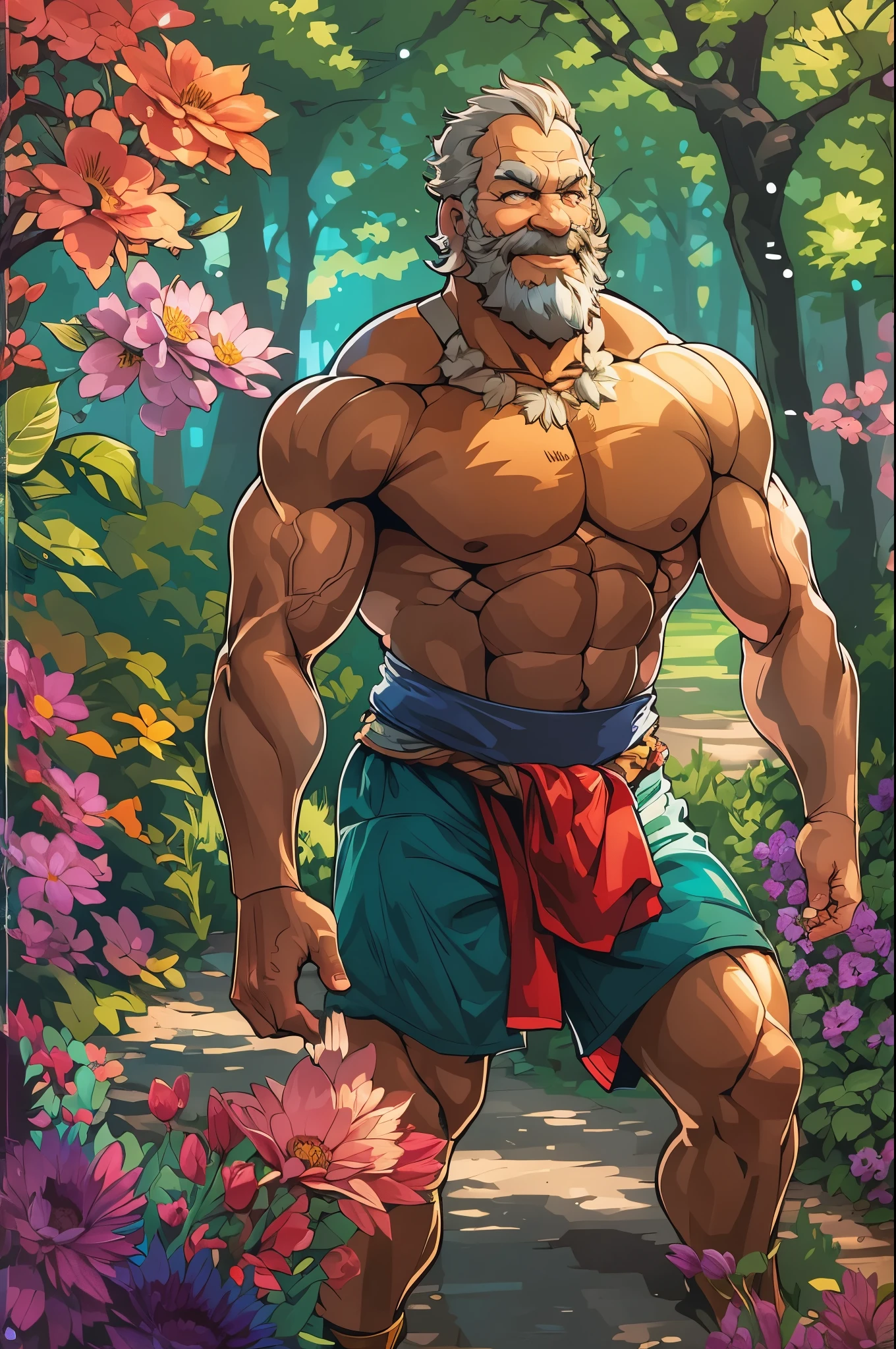 (better than)4k,highres,ultra-detailed portrait of a muscular old man with a happy expression, located in a vibrant park scene. The man's face is extremely detailed with beautifully wrinkled skin and expressive eyes. He has a long, white beard and a friendly smile that lights up his face. His muscular physique is emphasized by the snug fit of his blue t-shirt, which highlights his strong arms and broad shoulders. The park is filled with lush green trees and colorful flowers, creating a summery atmosphere. The lighting is warm and soft, casting gentle shadows on the man's face, accentuating his features. The artwork is created in a vector style, giving it a clean and polished look. The colors used are vivid and vibrant, adding a sense of liveliness to the portrait.