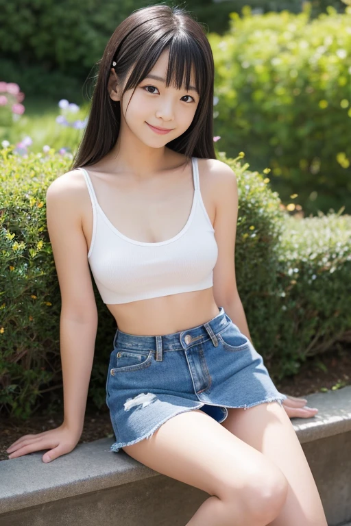 8k,Japanese,,Innocent face,Teenage Girlo clothes,Denim mini skirt、Her skirt is rolled up、I can see her pure white panties、Exposed thighs、Her belly button is visible、The upper body is naked、Small breasts、Flat Chest、、Casual wear,Sitting,legs wide open、Black Hair,garden,Hair Clip,smile