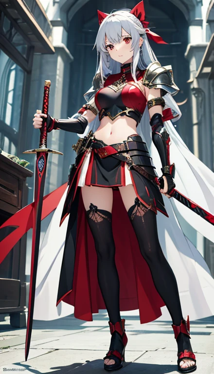 Anime style woman with sword and armor, anime fantasy, Anime Art 4K, Anime Art4k, Best Anime 4K, Anime Art, Amazing artwork from anime, anime fantasyアートワーク, 4K Anime, Are standing,Don&#39;t sit,((beautiful girl、Red and black armor、Very slim body、とても細いWaist、とても細いfoot)),Red Eyes,(Armor is neck、shoulder、arm、Waist、foot),Very short、Red ruffle skirt、Pink ribbon panties are visible、Long Hair、Silver Hair、Red ribbon、I can see your belly、A red long sword in his right hand、Black wings behind、 whole body
