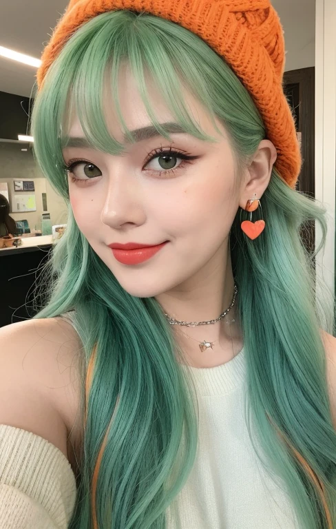 realistic woman, (Best Quality, 8K, Masterpiece:1.3)), Focus:1.2, Perfect Body Beauty:1.4 , ((:1.2)), (night, Street:1.3), Highly detailed face and skin texture, Fine eyes, Double eyelids, Whitening skin, half dye, ! split hair dye!, dyed hair, mint green and orange, two color hair,), big joyful smile with showing teeth, brilliant glitter makeup with strawberry lips, rosy checks, shiny colorful eyeshadow, winged eyeliner, (hair above one eye, long sideburns, her hair is styled as half-up braid,, mint green and orange, half and half hair dye!!, brilliantly colored, mint green and orange, split dye, half & half hair dye, half and half dye, ! split hair dye!, dyed hair, mint green and orange, two color hair,), (cute heart shape face and a round cheeks), oversized one-shoulder sweater, Cat hat,cross Earrings up to the shoulders, numerous piercings, hairclip ,chocker, colorful nailpolish, (realistic woman) ,(ulzzang-6500:0.4) 