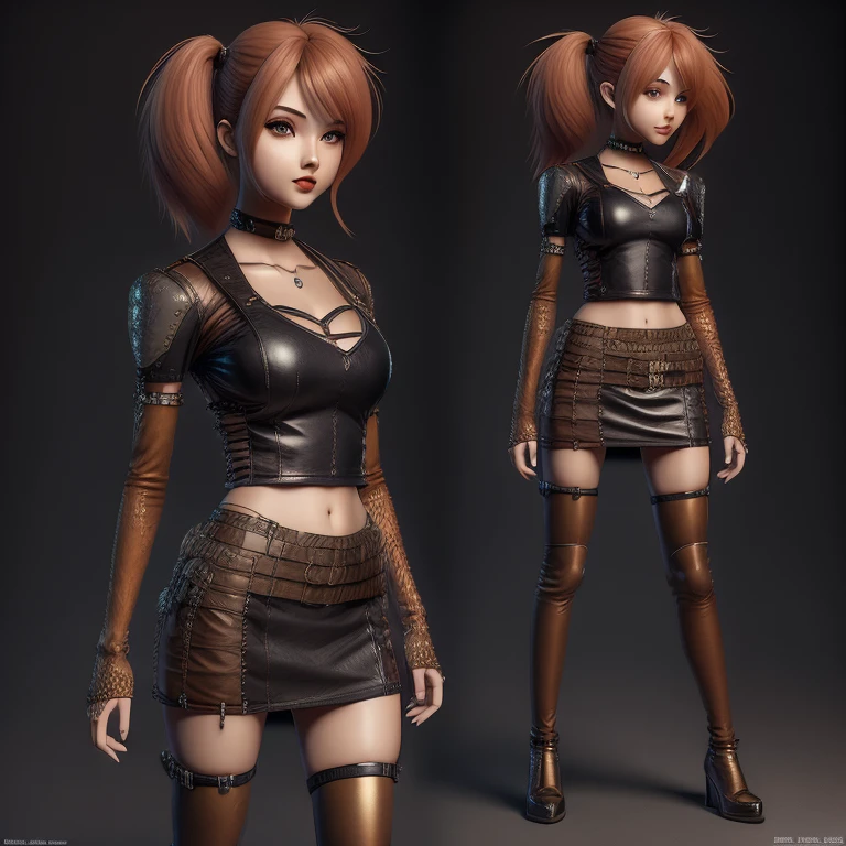 Fants Manga (Creature:0.5)|(Tiger:0.5) Design, Super Detailed, Random Color, Steampunk, and Punk Costume, Cute Girl, Mini Skirt, Shapely Bust, Anime Character, Cartoon, 3D Illustration Style, 3D Rendering , plain background,